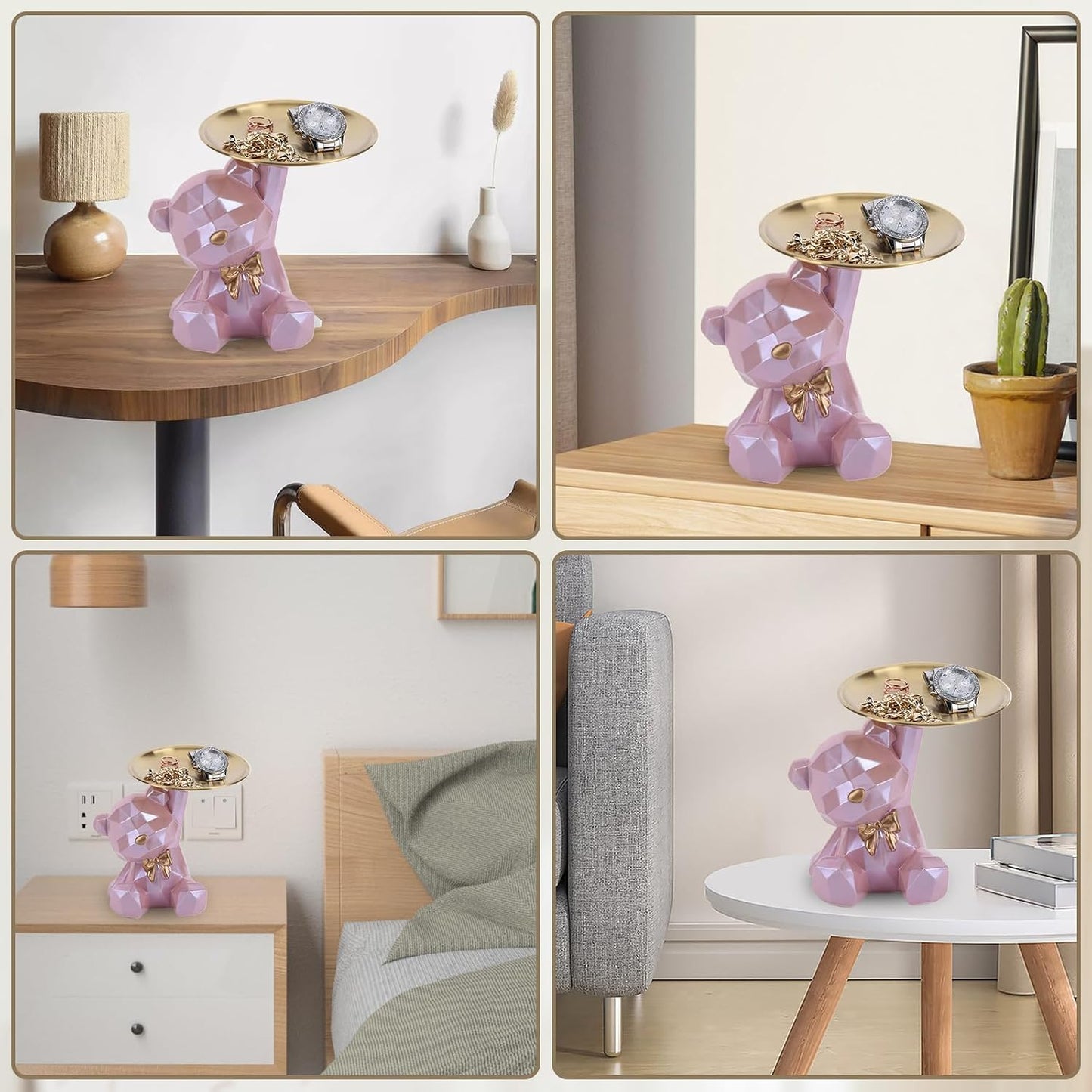 2025 New Geometric Bear Storage Tray Resin Lovely Nordic Bear Sculptures Keys / Shiny Style-pink