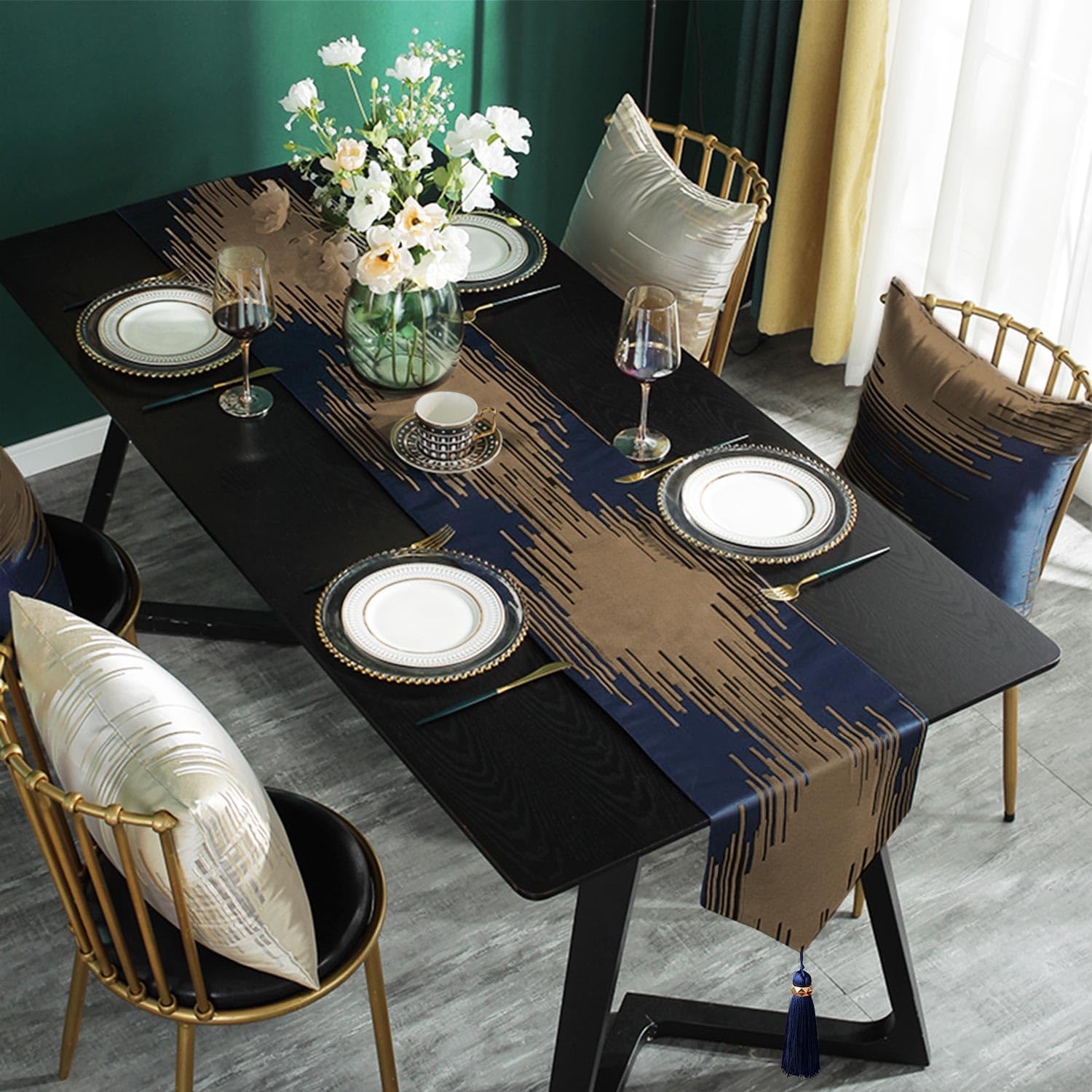 Luxury Modern Blue Table Runner,13"x120",Elegant Abstract Striped, Tassels | Table Runners 120 Inches Long, Thick