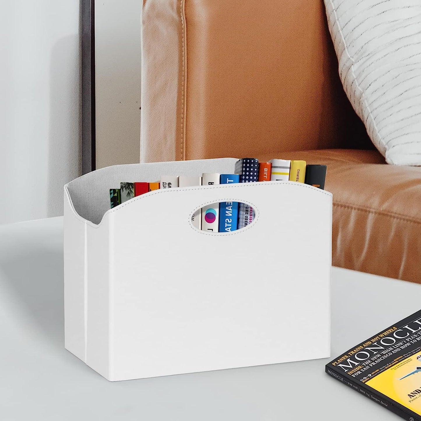 EZDeco Magazine Holder Foldable Magazine Rack Floor PU Leather File Holder Newspaper Book Storage Magazine Basket