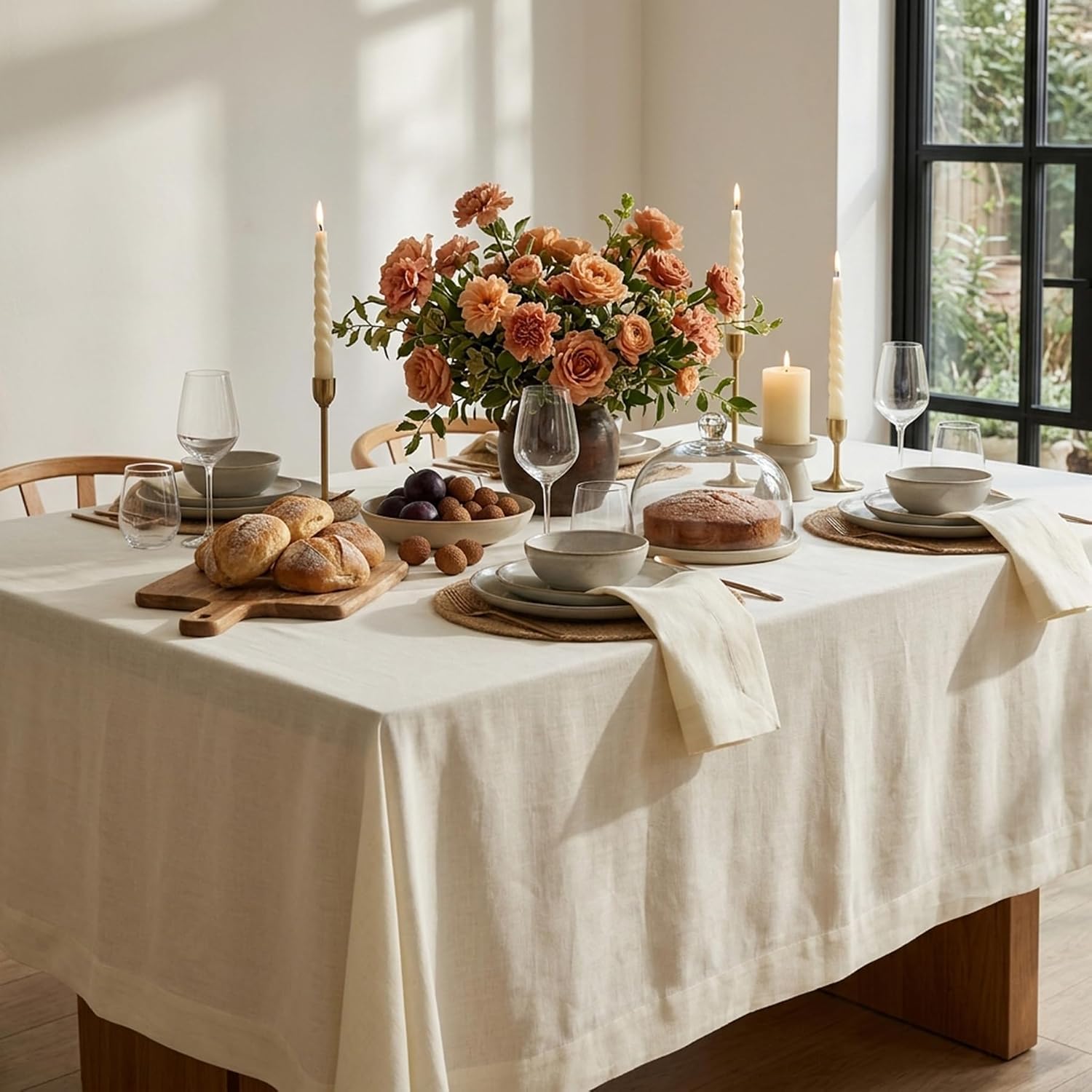 Solino Home 100% Pure Linen Tablecloth Ivory Rectangular, Fete 60 x 102 in | Linen Table Cloth for 6-8 seater dining