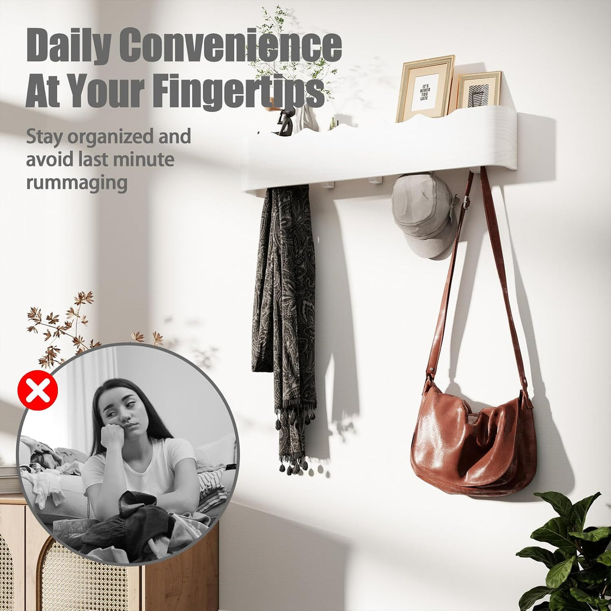 Coat Rack Wall Mount with Shelf 5 Hidden Hooks Modern Wooden Key Holder Entryway Organizer for Hallway Bedroom Bathroom