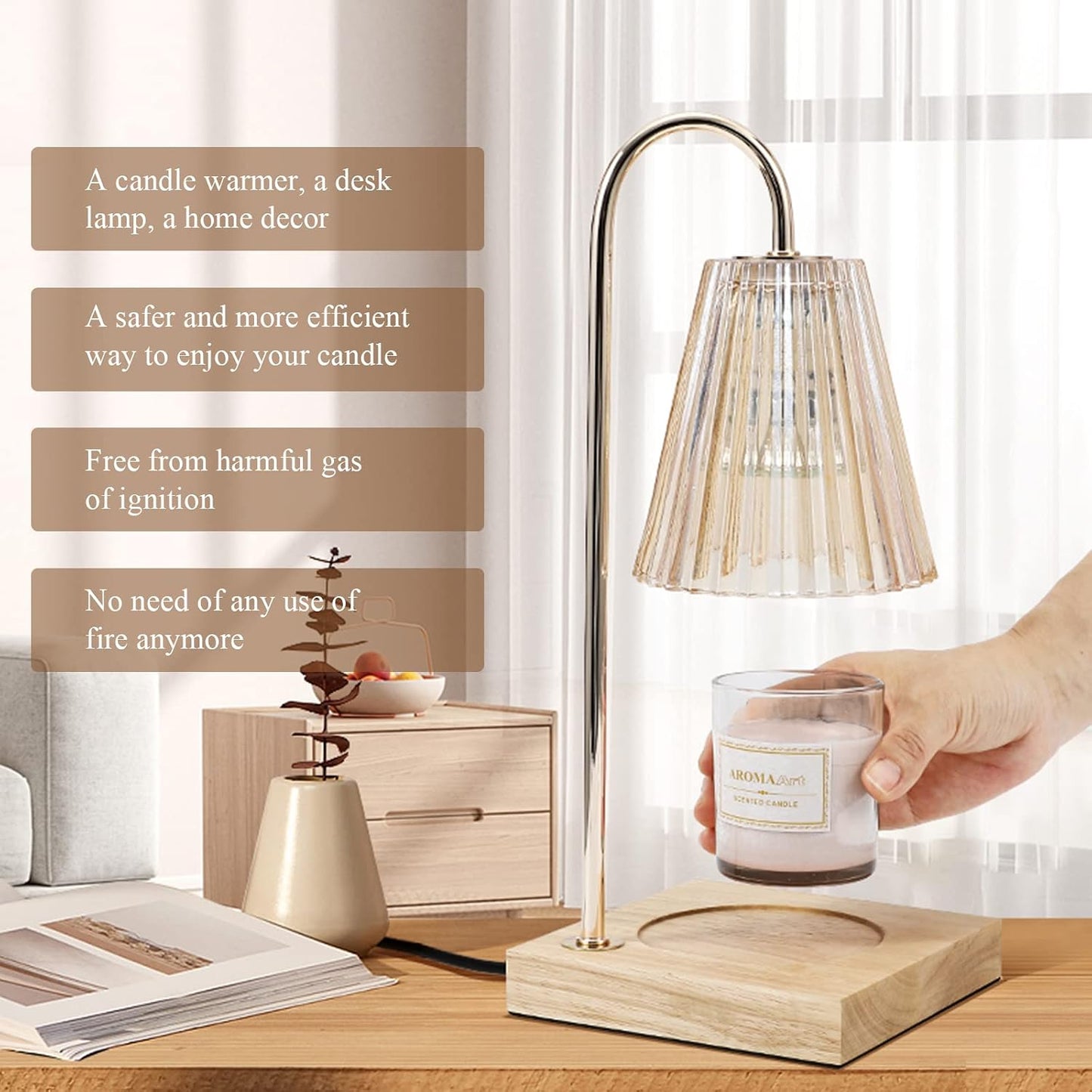 LOTKEY Candle Warmer Lamp, Dimmable Candle Warmer with Timer 2 Bulbs Wood Base Electric Candle Lamp Compatible with Jar
