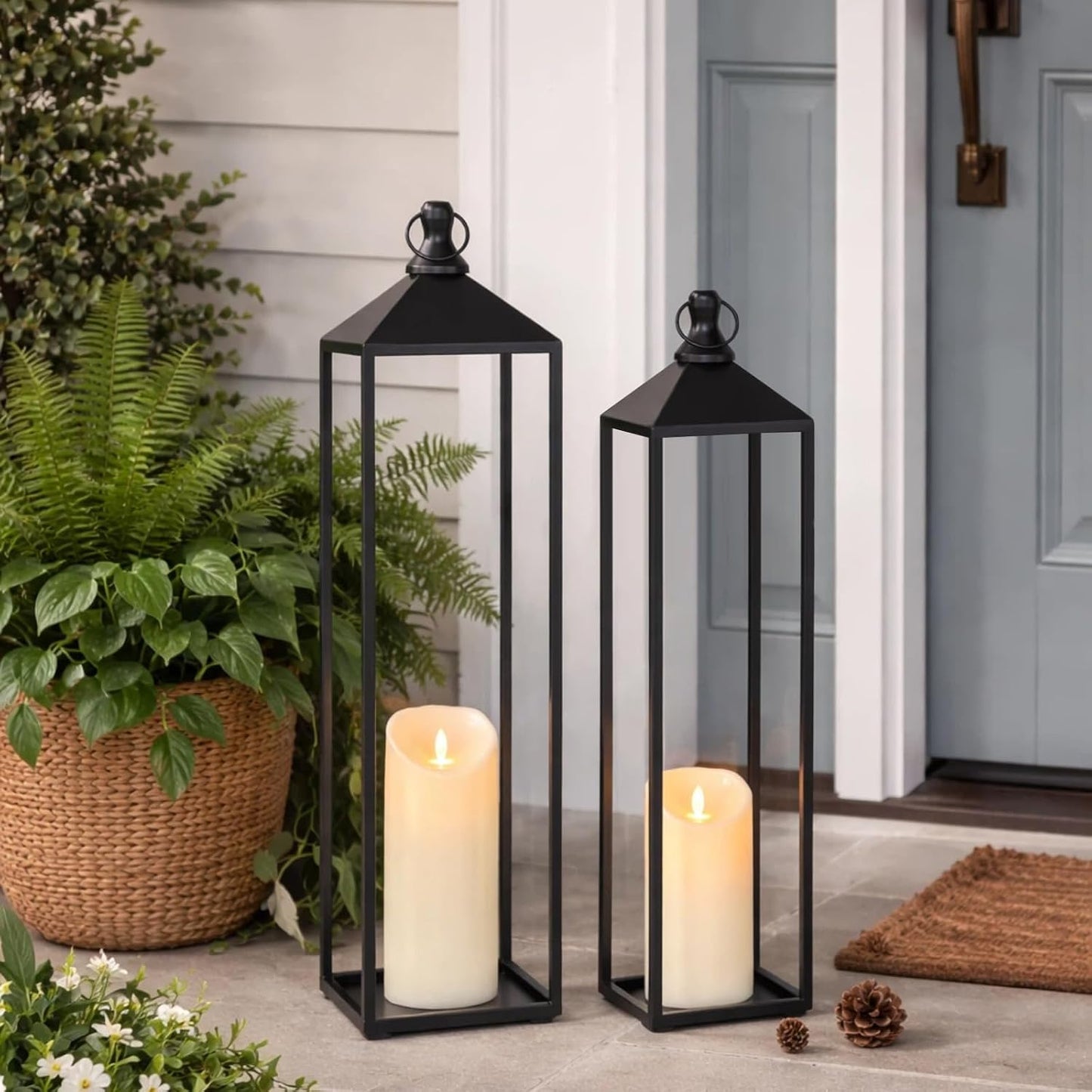 22'' 19'' Large Lanterns Decorative Outdoor Indoor, Set of 2 Candle Lantern | Black Metal Floor Lanterns Decorative for