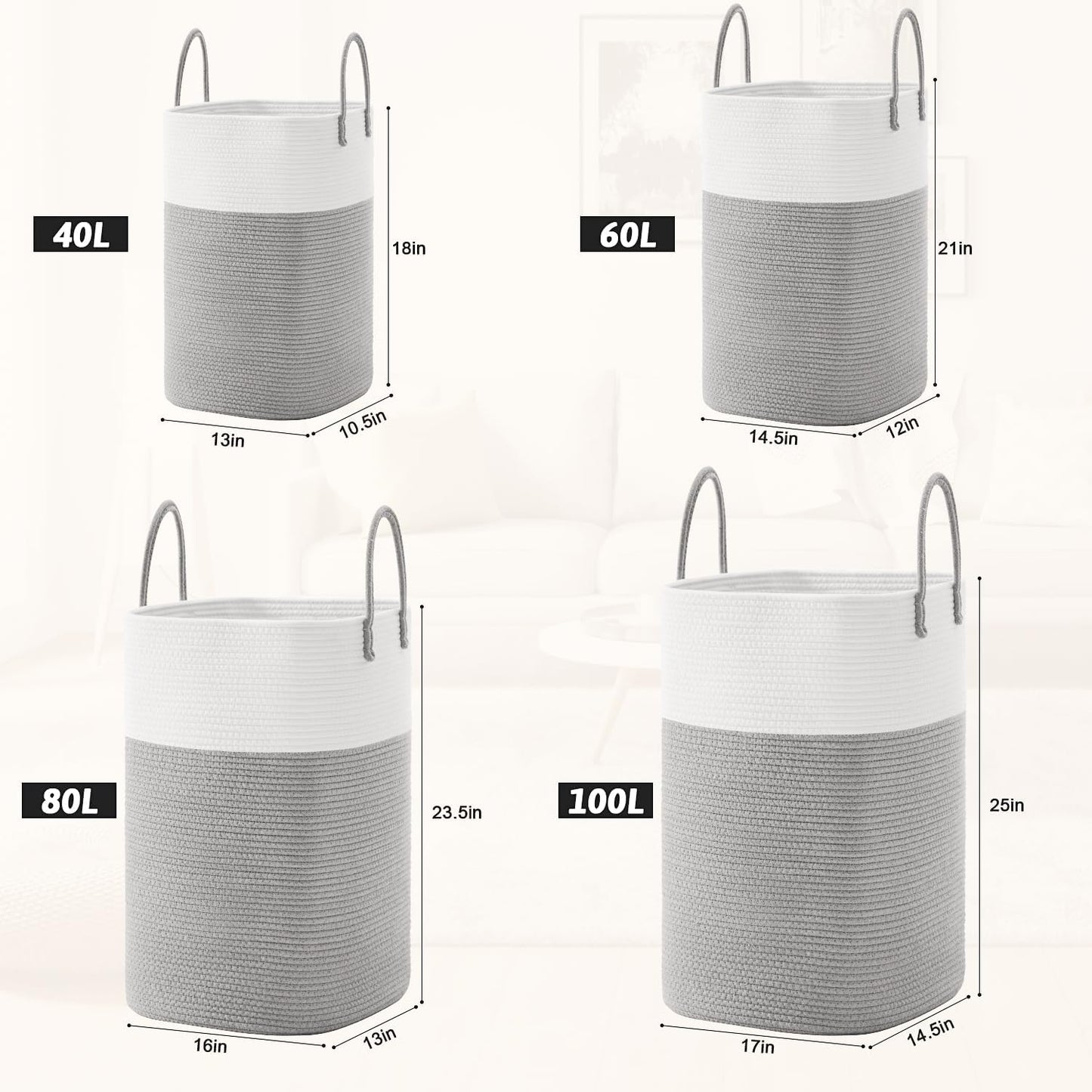 Laundry Basket / Woven Cotton Rope Laundry Hamper / 60L / Grey