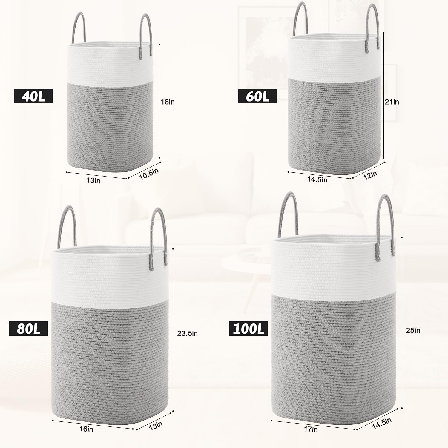 Laundry Basket / Woven Cotton Rope Laundry Hamper / 60L / Grey