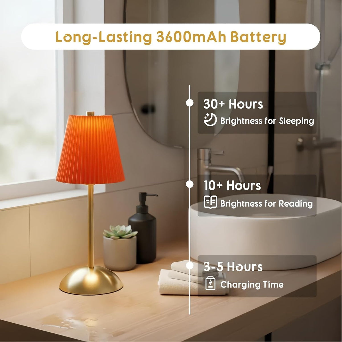 Set of 2 Orange LED Table Lamps, Mini Cordless Lamps Rechargeable | Small Wireless Table Lamp, Stepless Dimming Battery