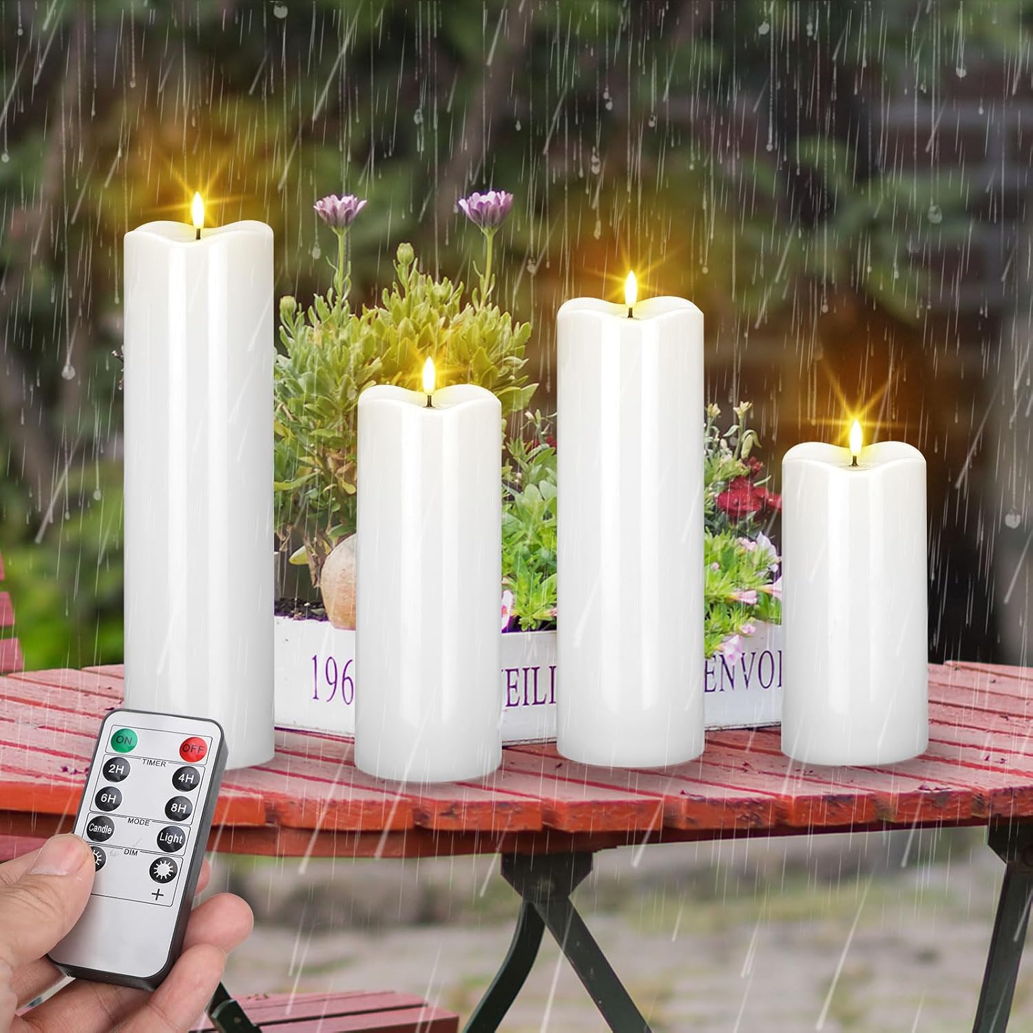 Rossesay 8" 10" 12" 14" x 4" Large Waterproof Outdoor Flameless Candles, 4 Pcs LED Pillar Candles with Remote and