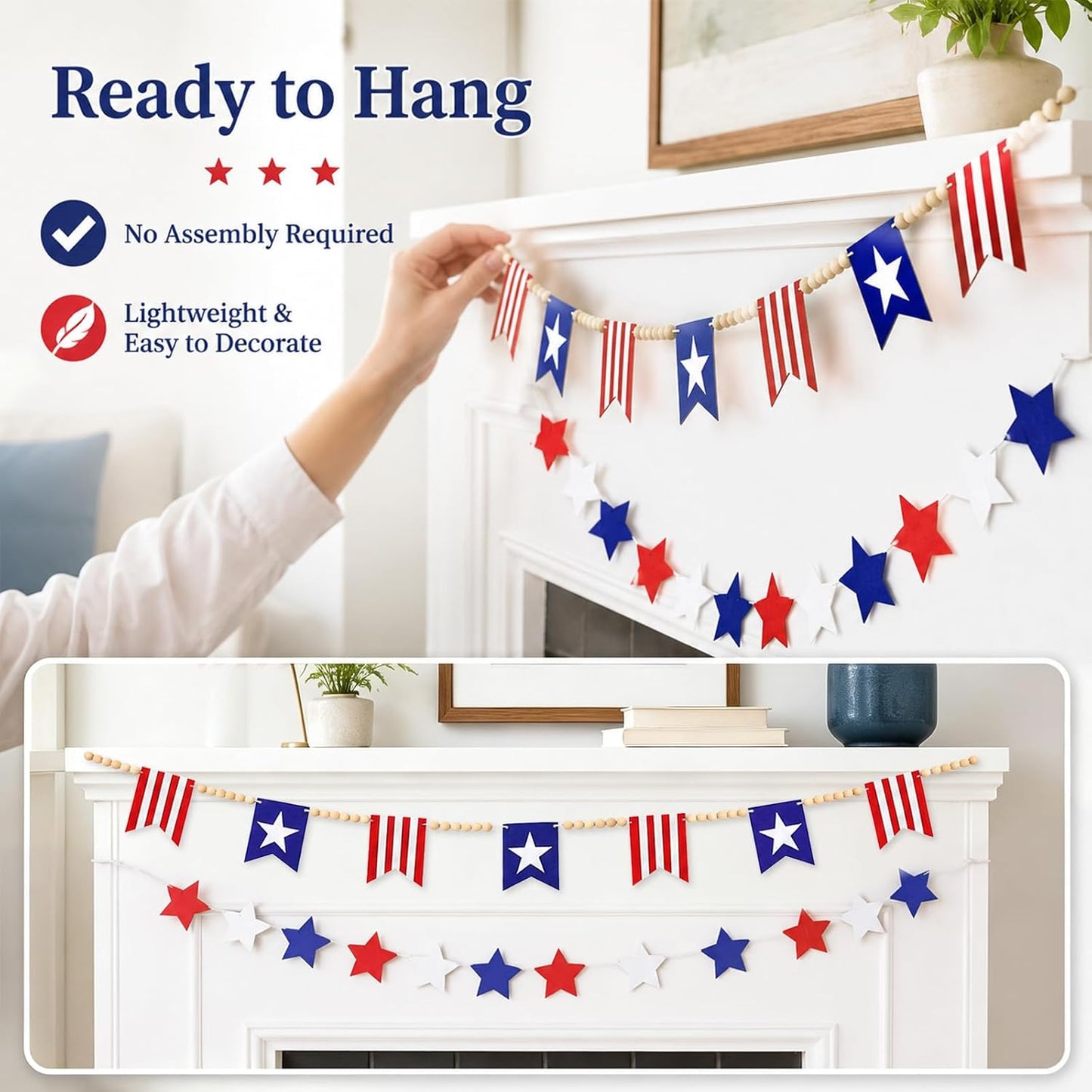 4th of July Wood Bead Garland Banner 250th Anniversary Patriotic Decorations American Flag / Red