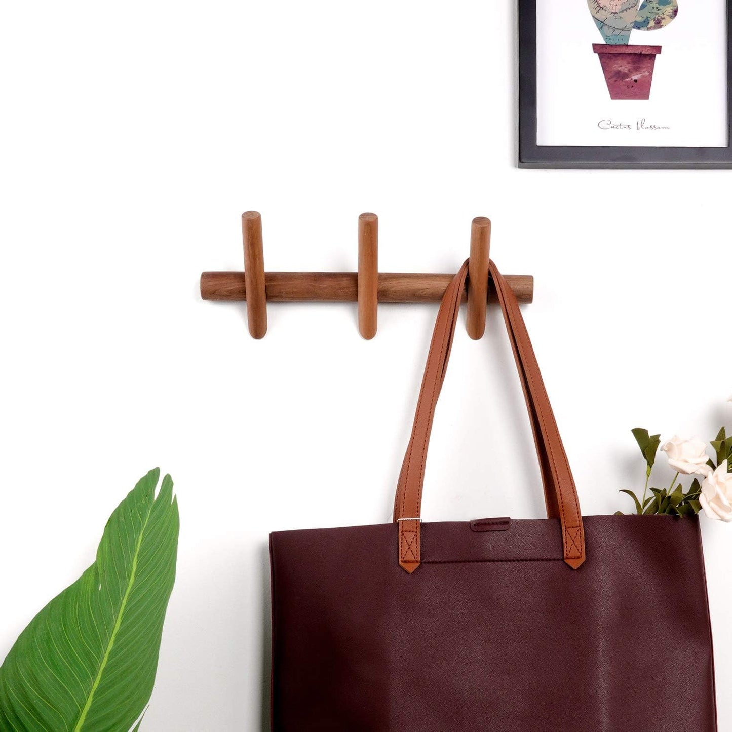 Wood Coat Hooks Wall Mounted Hat Rack Tower Hanger Wall Hooks Decorative / Black Walnut 3 Hooks