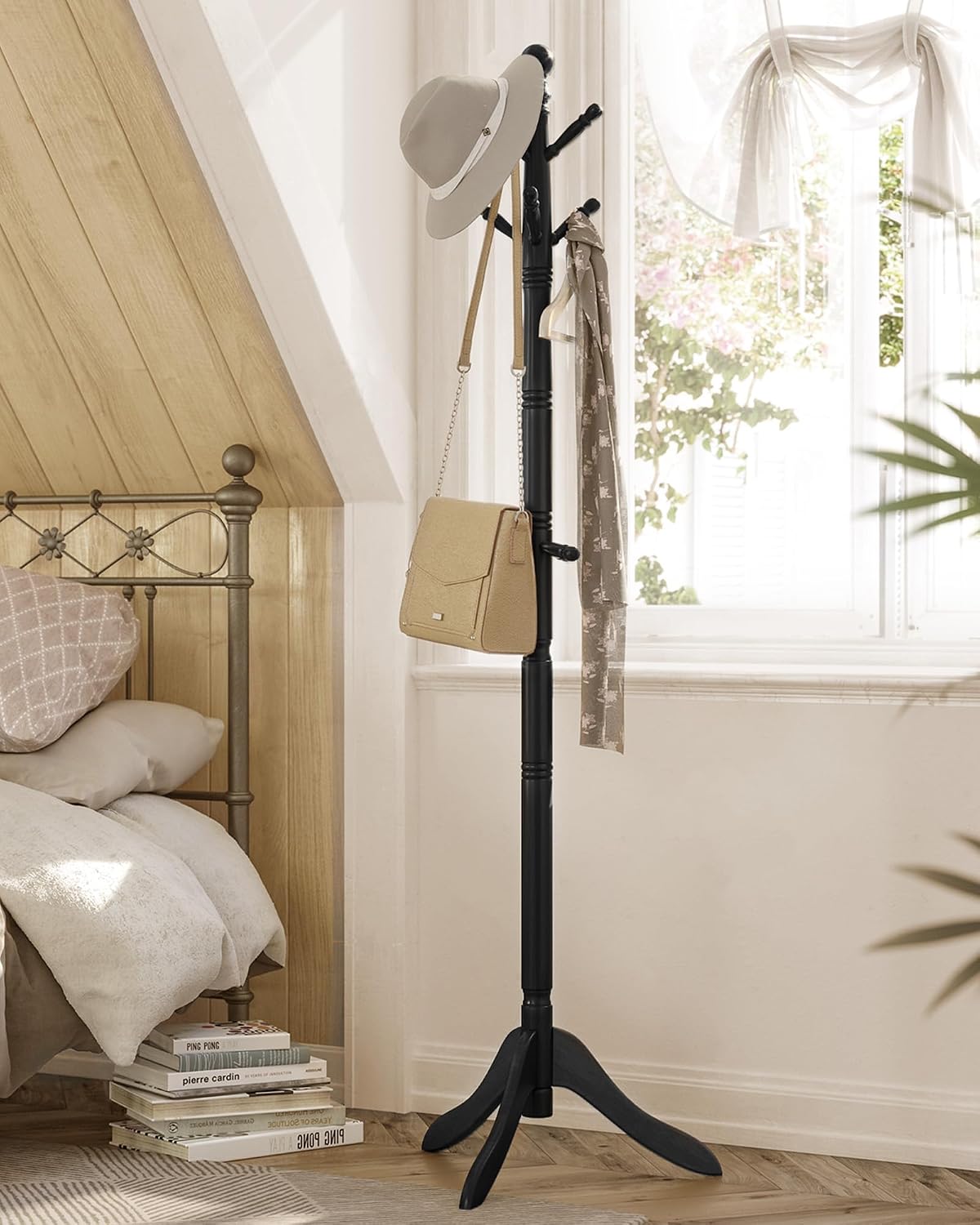 VASAGLE Solid Wood Coat Rack and Stand, Free Standing Hall Coat Tree with 10 Hooks for Hats, Bags, Purses, for