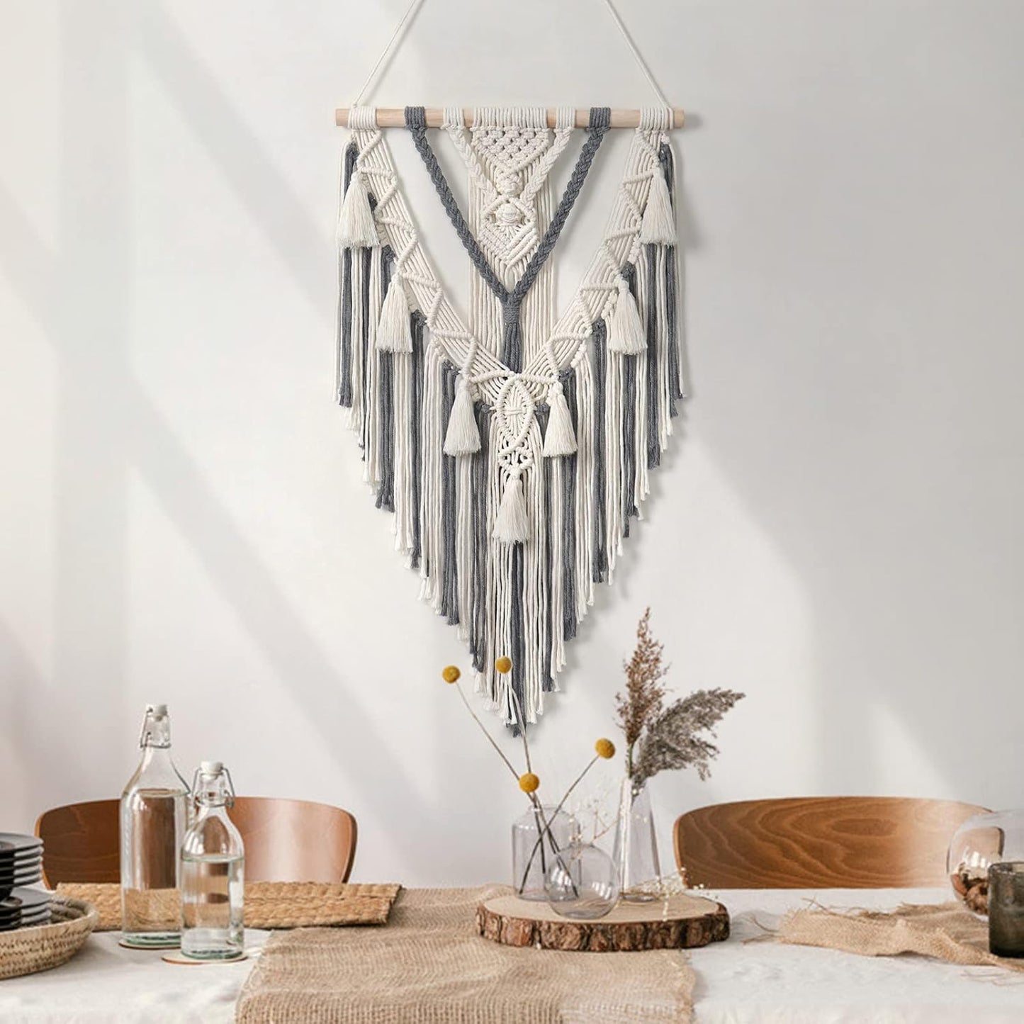 Macrame Woven Wall Hanging Boho Geometric Woven Tapestry Beige & Cotton Handmade Bohemian Art / Grey