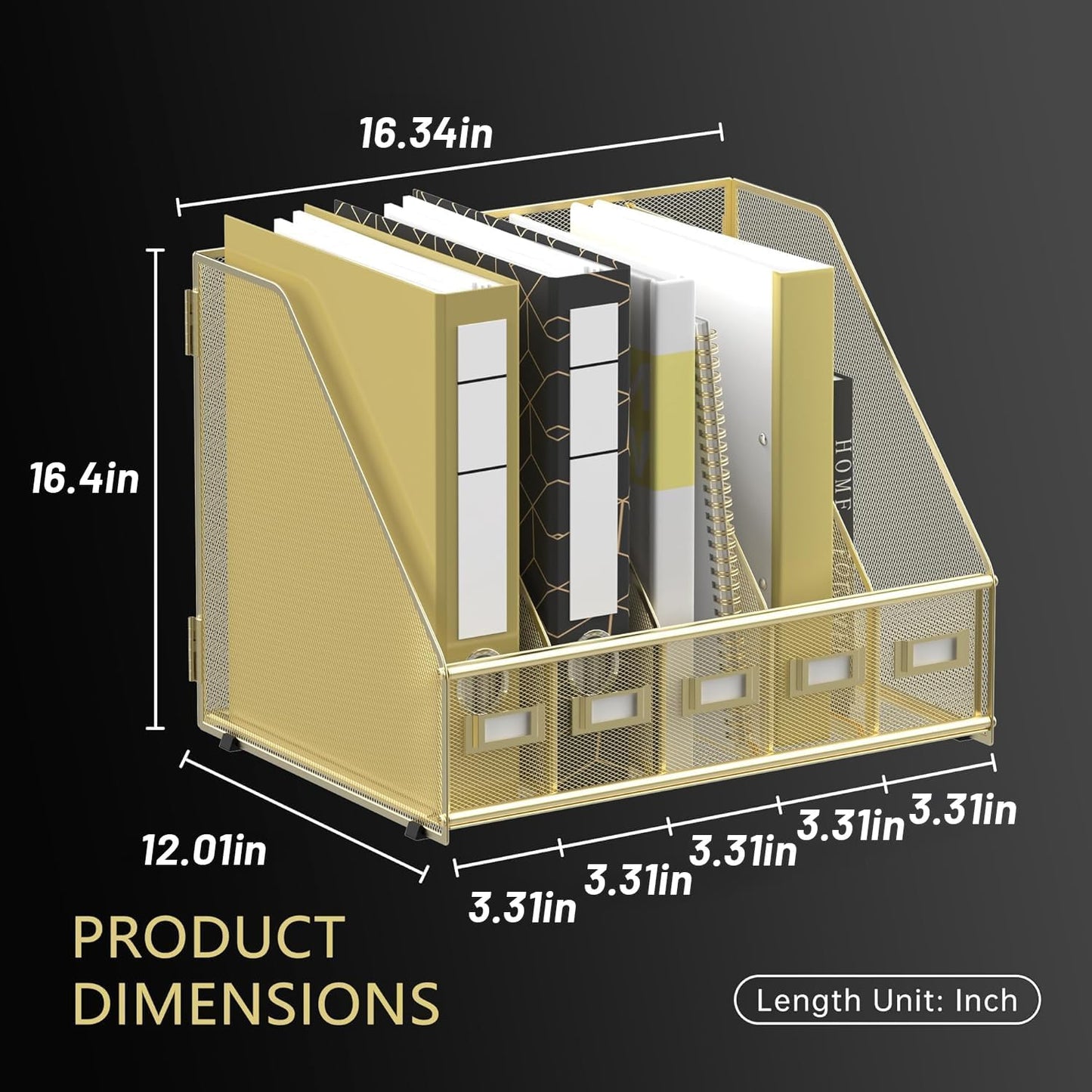 DALTACK 5-Slot Magazine File Holder, Metal Binder Holder, Gold | Iron Mesh Construction, Labeled Sections for Easy