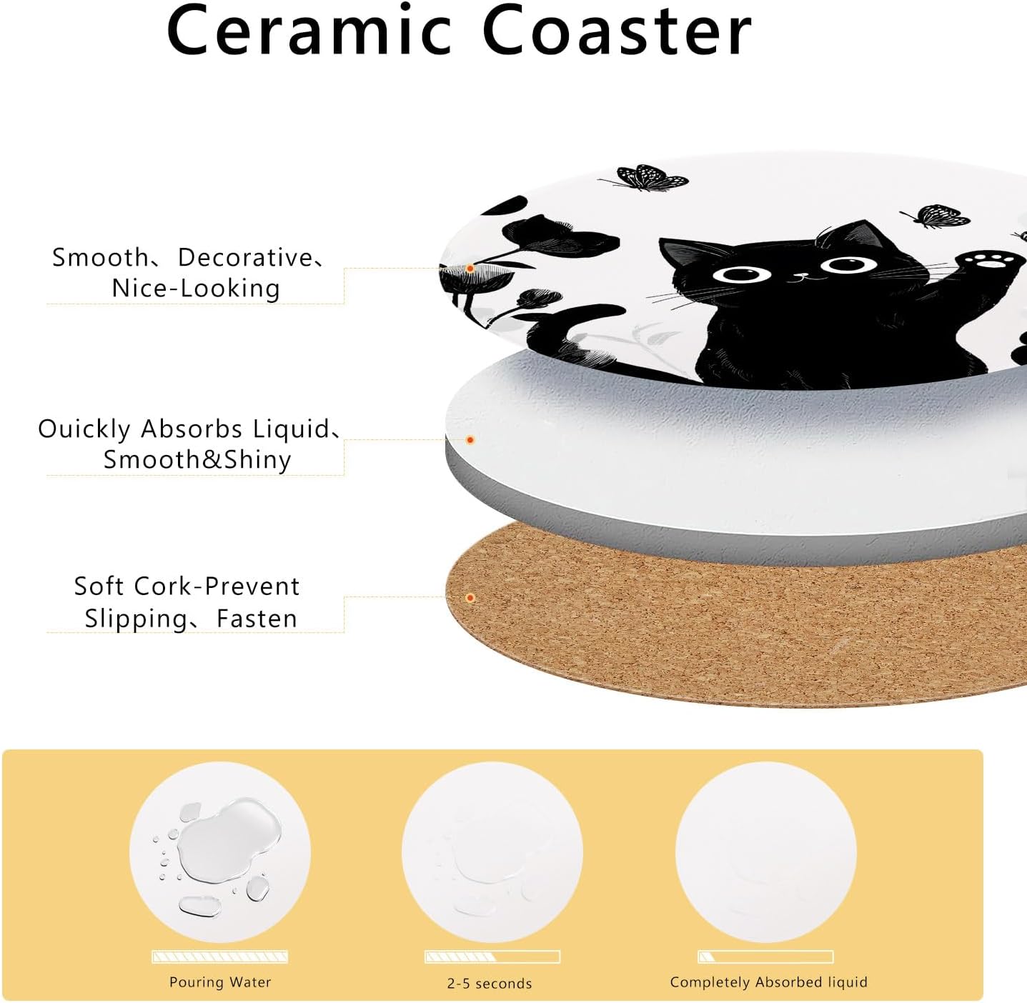 Flowers Ceramic Absorbent Coasters / Black Cat / Set of 6