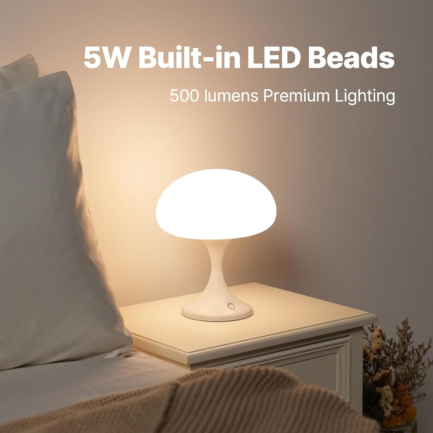 Mushroom Lamp, 5W LED Cordless Rechargeable Table Lamp with Glass Shade, Small Retro Dimmable Touch Light with 3 Color