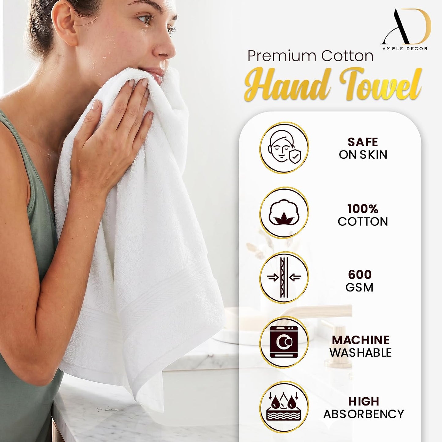 100% Cotton Hand Towels 18x28 Inches, 600 GSM, Soft & Absorbent, Set of 8, Navy