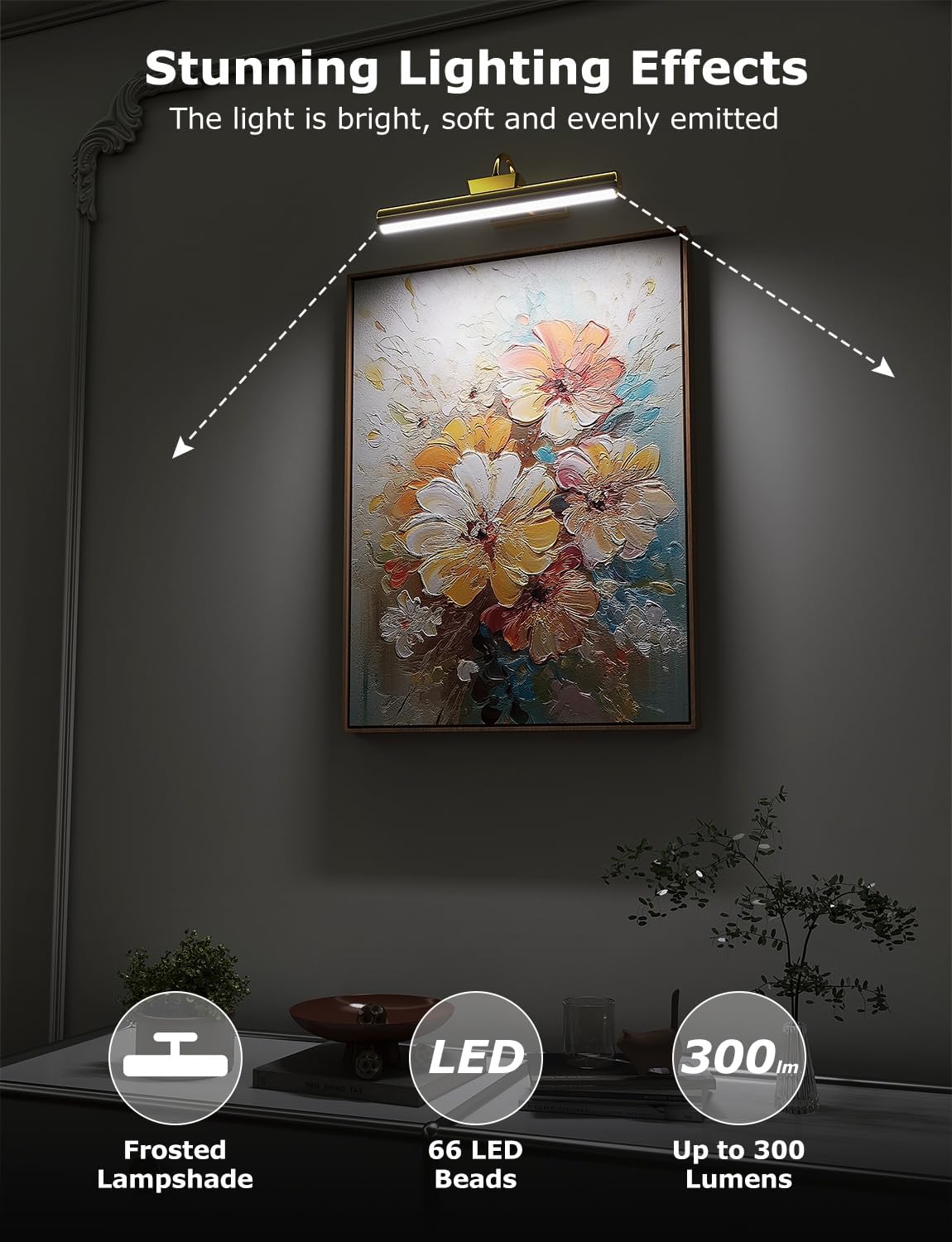 13" Wireless Picture Lights for Wall, Rechargeable Art Light, 1Pack Gold | Aluminum Photo Frame Light, Remote & Touch