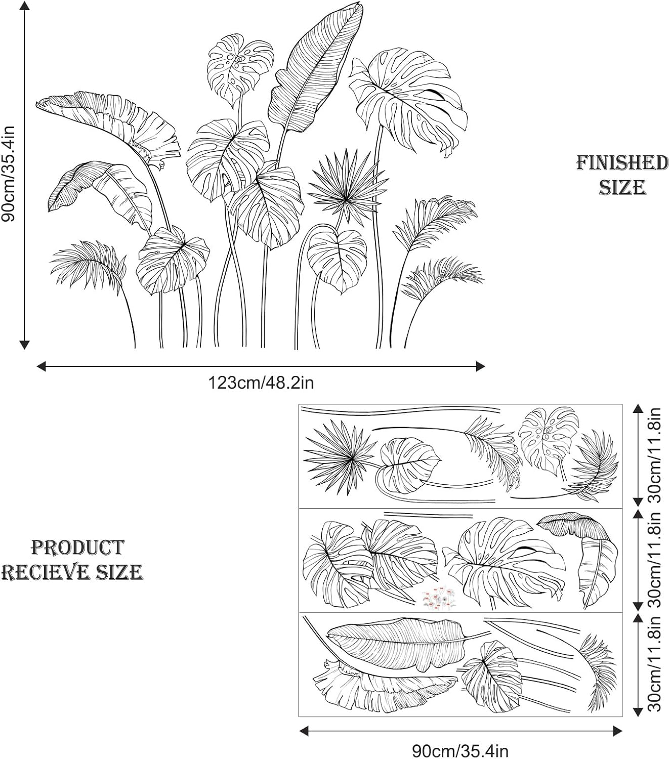 White Tropical Plants Wall Decals Sketch Palm Leaves Wall Stickers Simple Line Monstera Leaf / Black