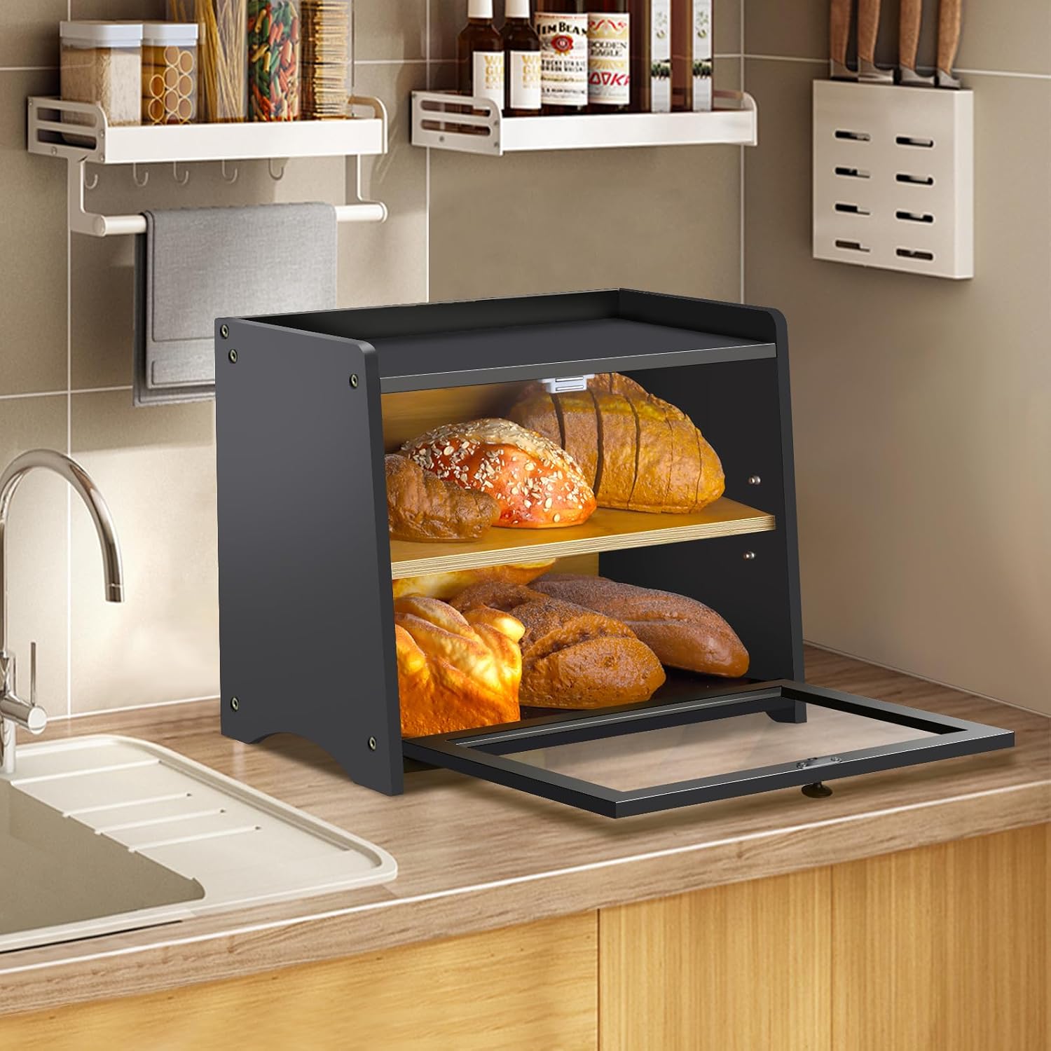 Bamboo Bread Box for Kitchen Countertop, Large Bread Storage Container Bin 2 Layer Breadbox Holder for Kitchen Counter