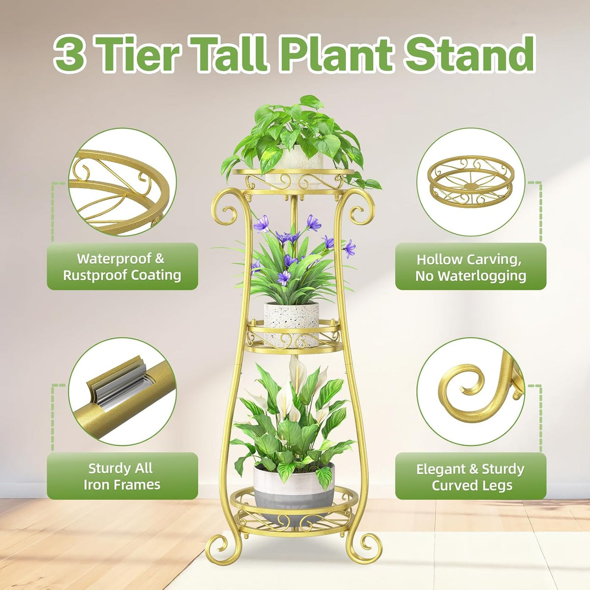 iDavosic.ly 3 Tier Tall Metal Plant Stand Outdoor Indoor, 34 Inch, Gold | Corner Flower Pot Holder Shelf, Wrought Iron