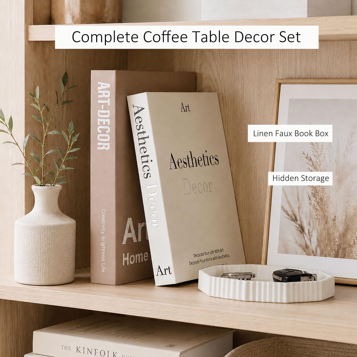 Decorative Concrete Tray & Linen Faux Book Box Set / Beige