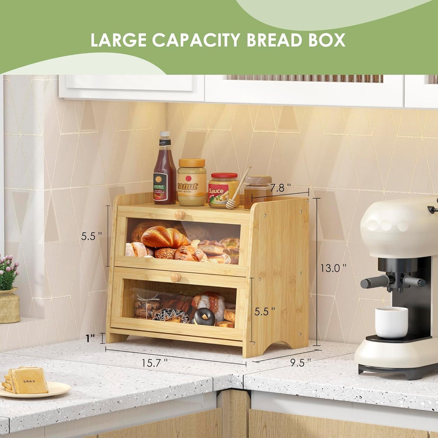 Double Layer Bread Box Container for Kitchen Countertop Homemade Bread | Large Breadbox Storage Wooden Farmhouse Bread