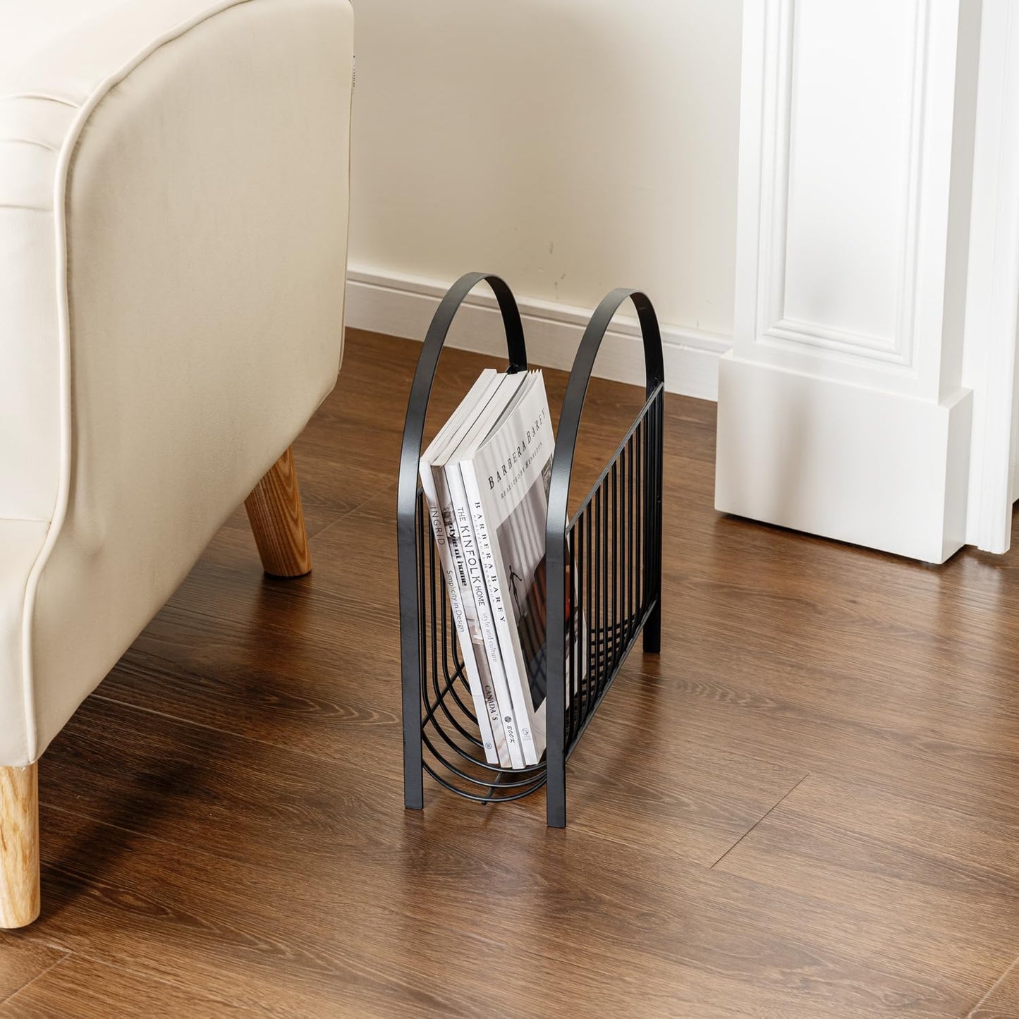 MyGift Mid Century Black Metal Wire Magazine Rack Floor or Tabletop | Mid Century Design, Matte Finish, Sling Basket