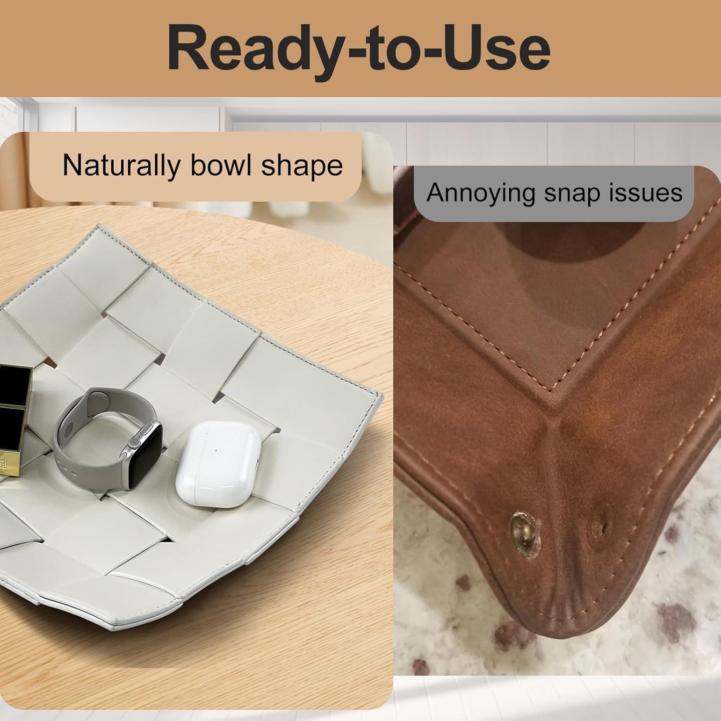 Valet Tray for Men and Women PU Leather Key Holder Bowl for Entryway Table Bedside / White