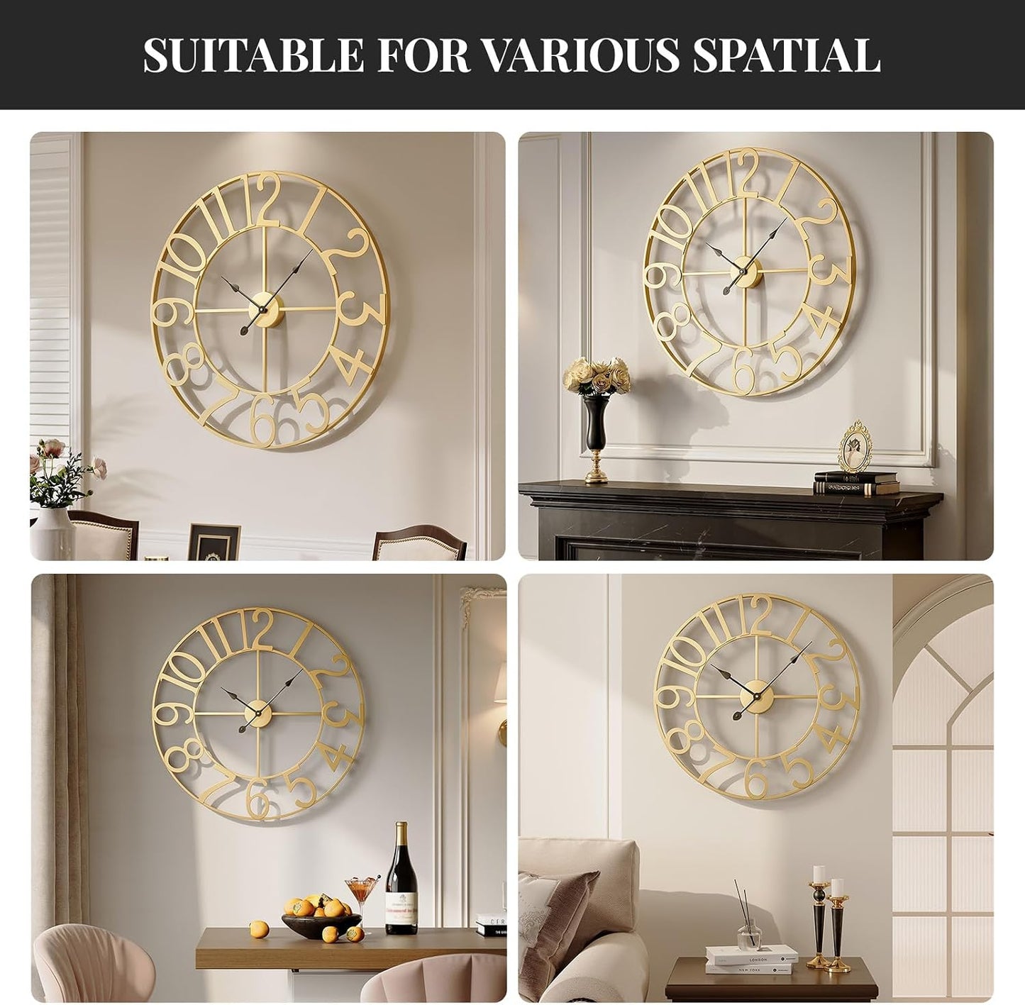 Cuspin Gold Wall Clock for Living Room Decor, 24 Inch Large Metal Clock | Battery operated, Silent non ticking, metal