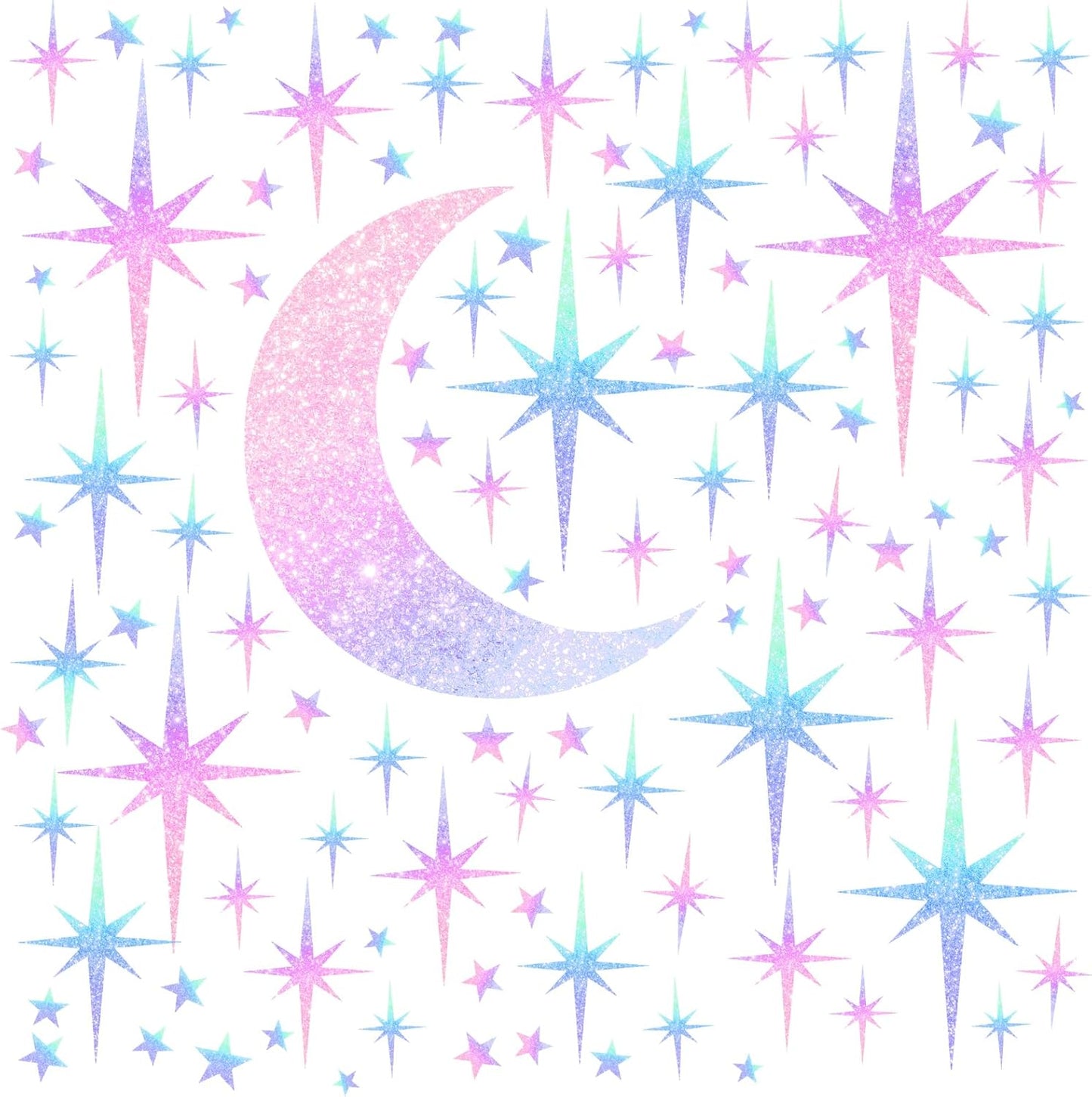 Retro Star Wall Decals Sparkle Wall Decal Peel and Stick Rainbow Star Moon Stickers / Colorful Satr