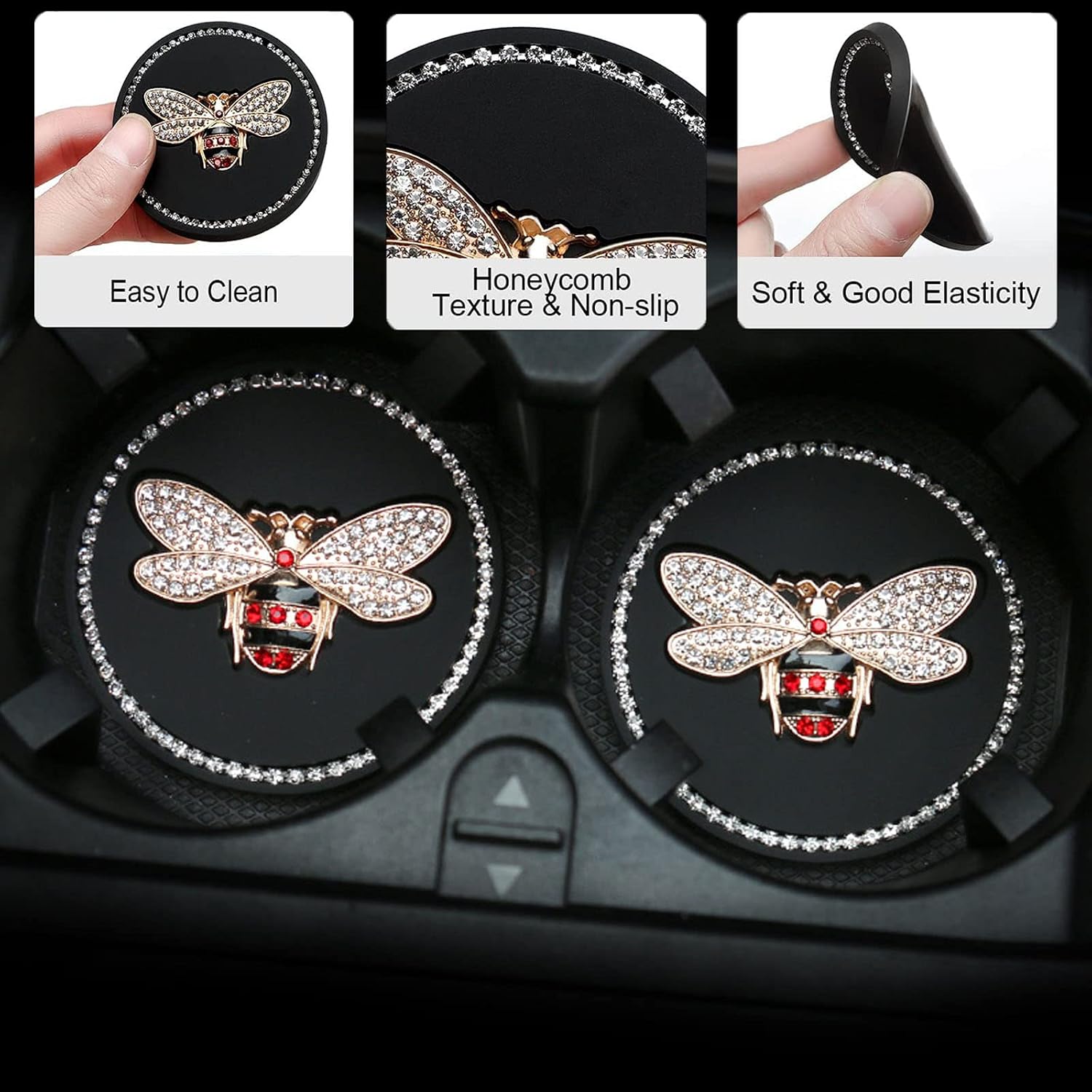 Bling Cup Holder Insert Coaster- Silicone Anti-Slip Shockproof / Bee / 2.75 Inch / Set of 4