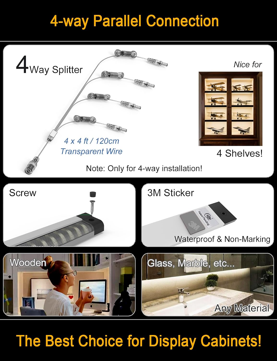 EBD LED Shelf Lights for Bookshelf 4-Way 48” Splitter Parallel Under Cabinet Lighting Built-in Adjustable Cable Kitchen