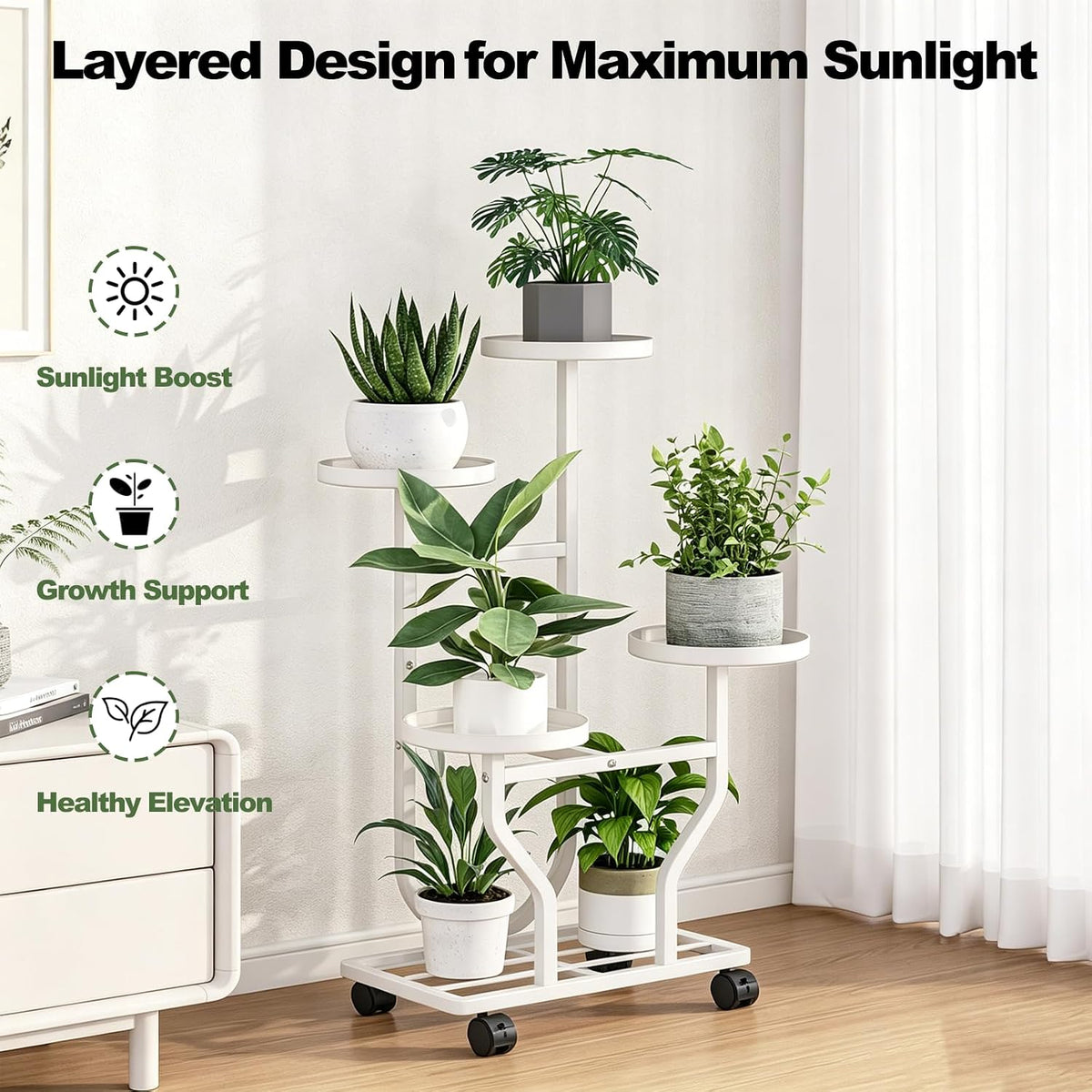 Plant Stand with Wheels, White 4 Tier Metal Plant Shelf for Indoor Outdoor | Corner Plants Stand Indoor for Bedroom