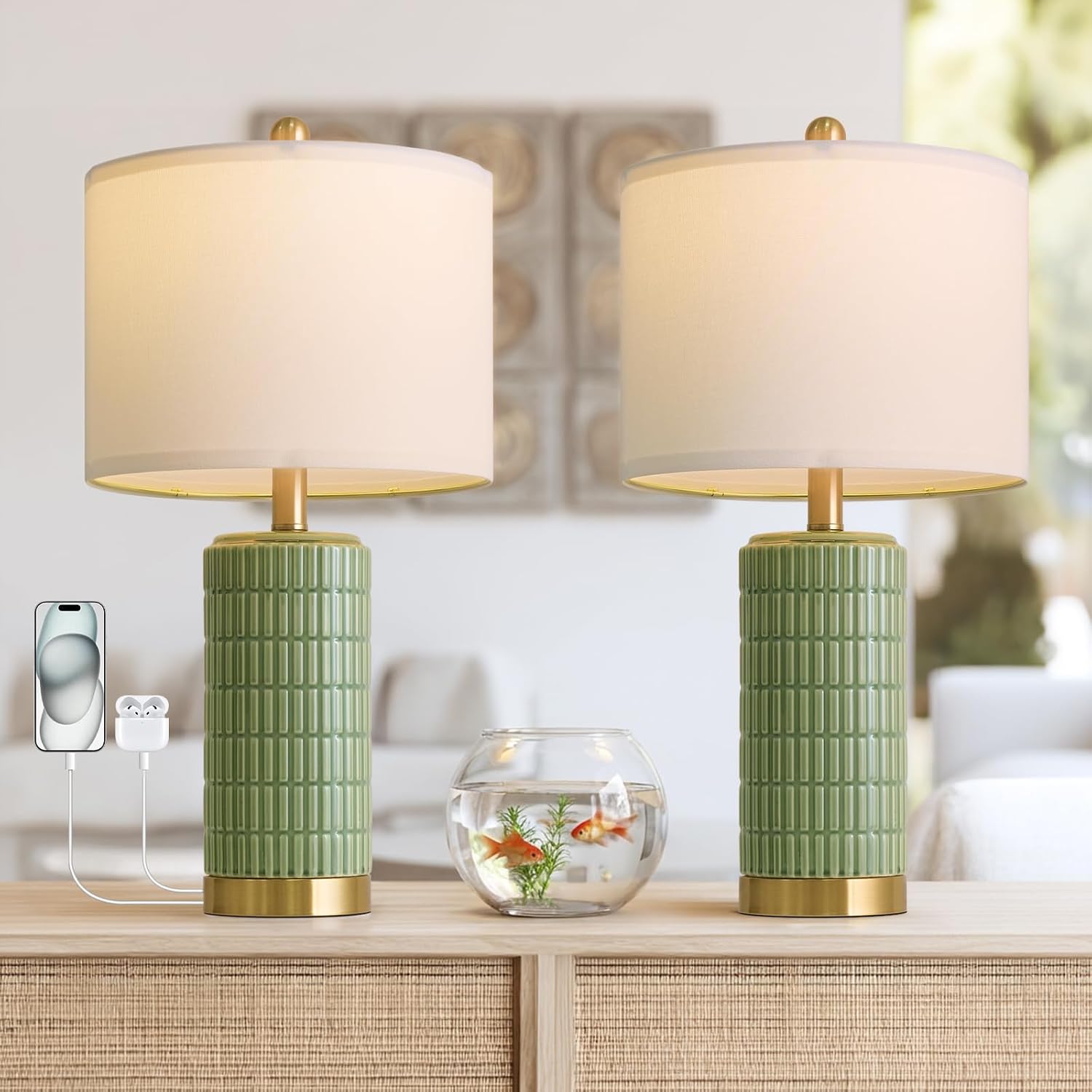 PoKat Bedside Table Lamps Set of 2 for Living Room with 2 USB Ports, 21.5'' Small Modern Nightstand Lamps for Bedroom