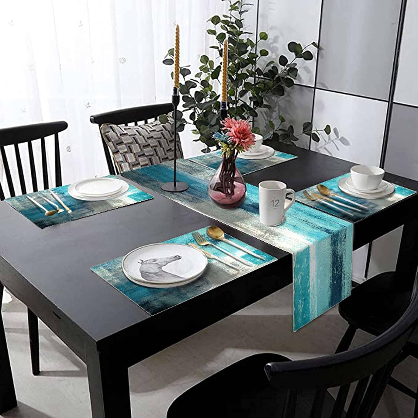 Turquoise Abstract Modern Table Runner and Placemats Set of 6 | Long Teal Blue Retro Graffiti Art Painting Linen Dining
