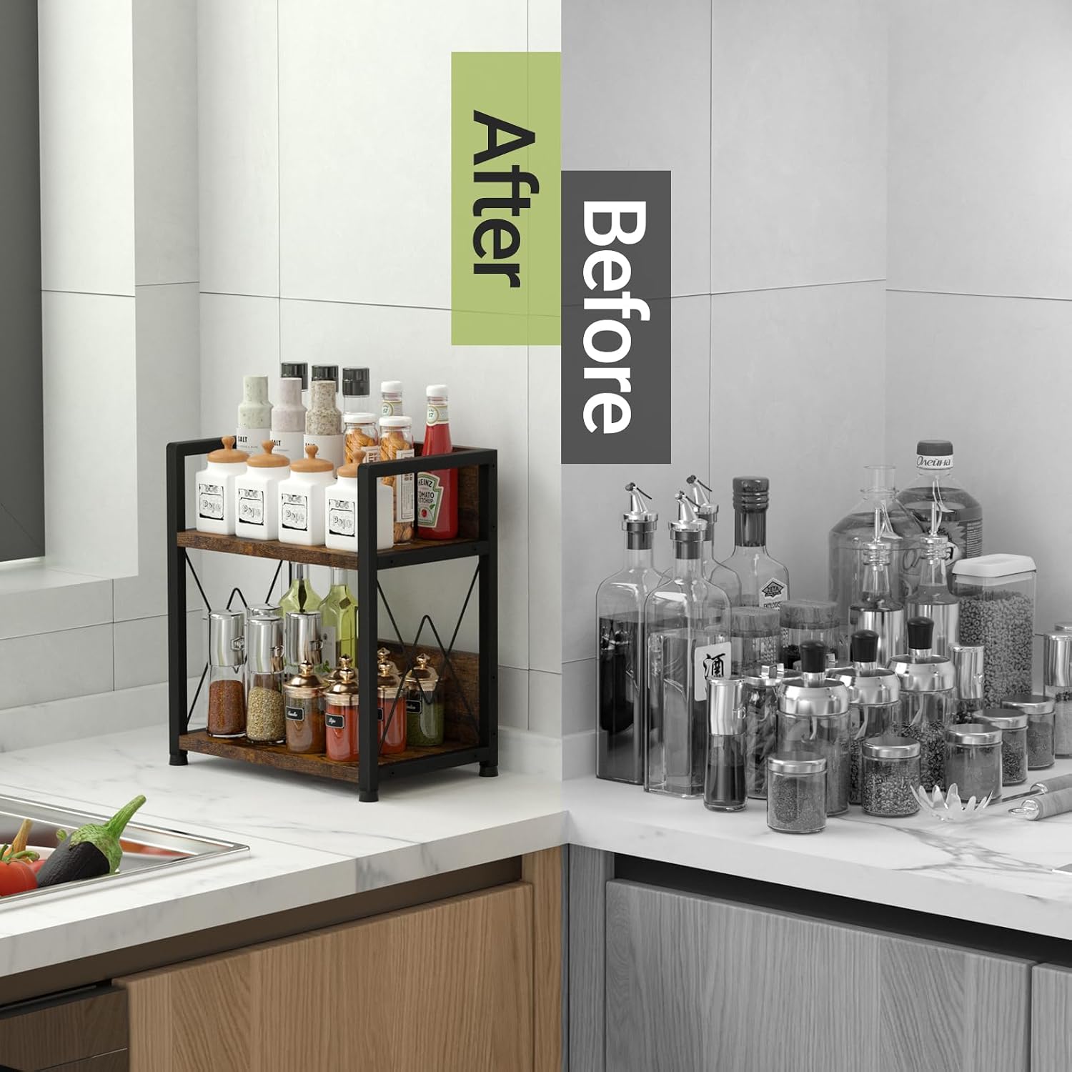 Aduanbang Coffee Bar Accessories Organizer, 2 Tier Wooden Kitchen Counter Shelf, Coffee Organizer Station for