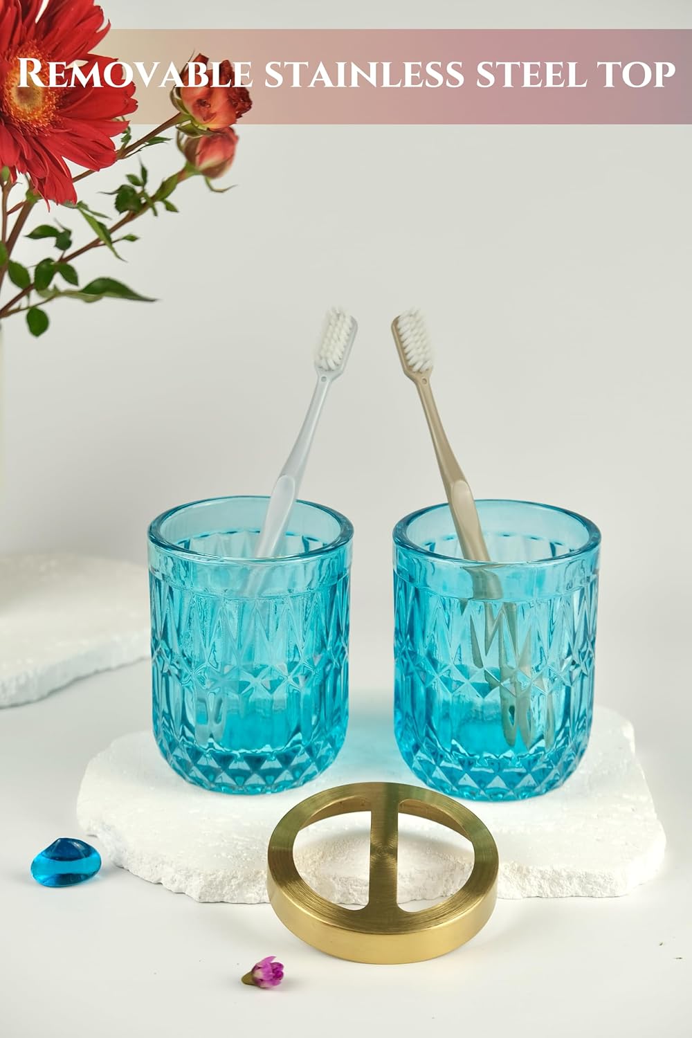 LaMarriti Teal Blue Bathroom Accessories Set, 5Pcs Glass Bathroom Set | Bathroom Soap Dispenser and Toothbrush Holder