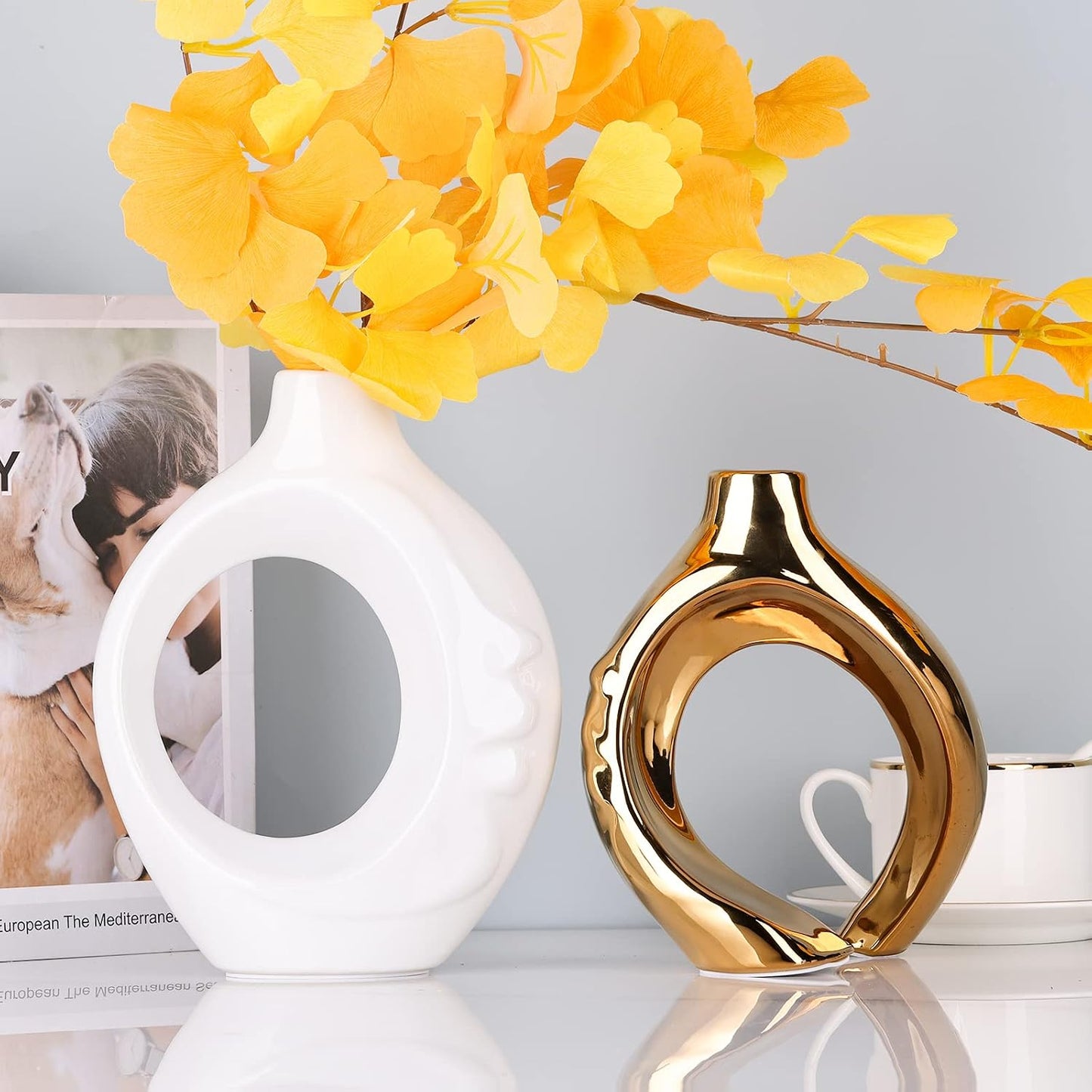 Round Boho Vase for Pampas Grass / White Gold / Set of 2