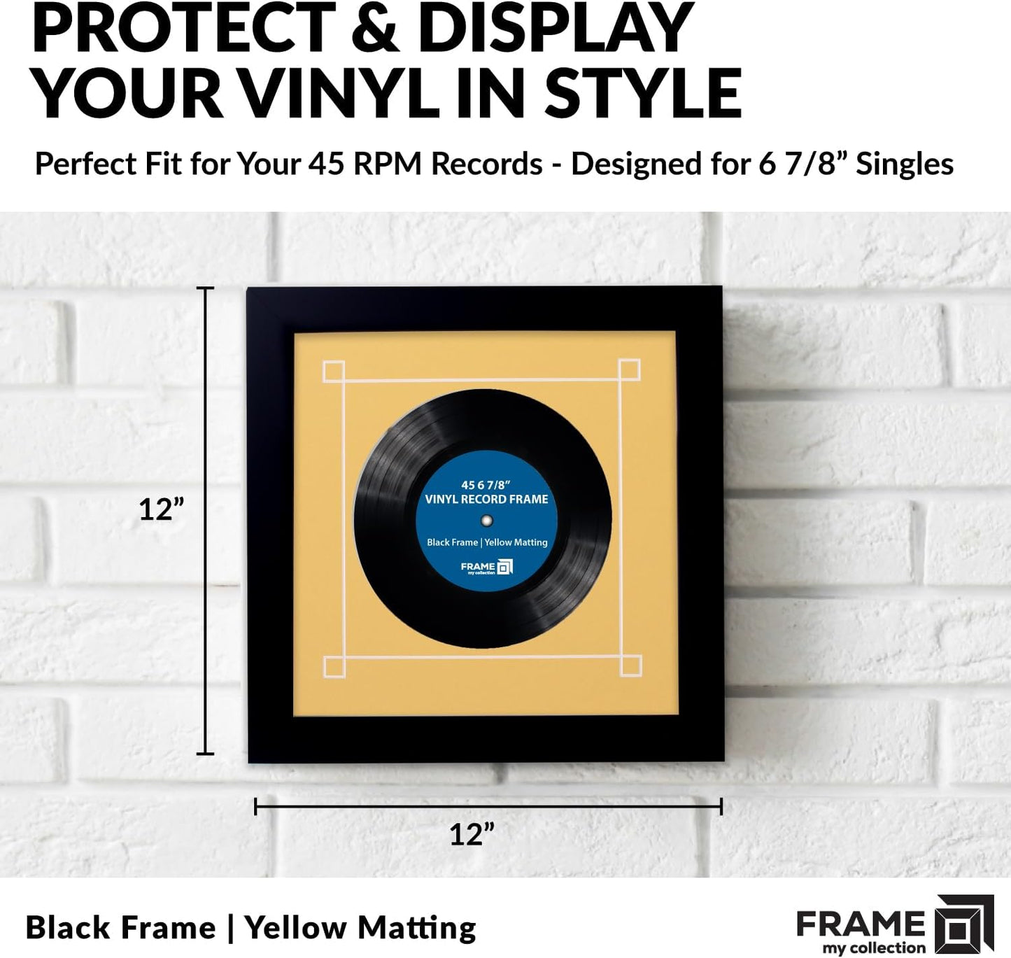 45 RPM Vinyl Record Frame | Wall Mounted Solid Wood Record Display Frame for Single 6 7/8-Inch Vinyl with Yellow Mat