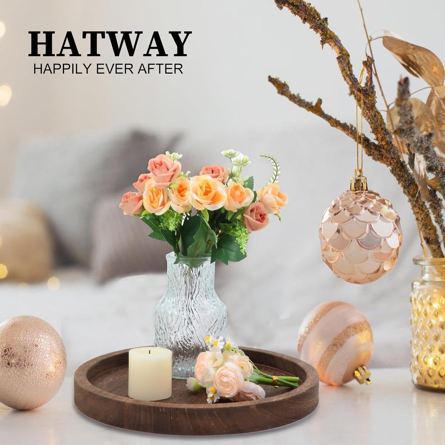 Wooden Decorative Tray Candle Holder Round Wood Tray Home Decor / Brown--round