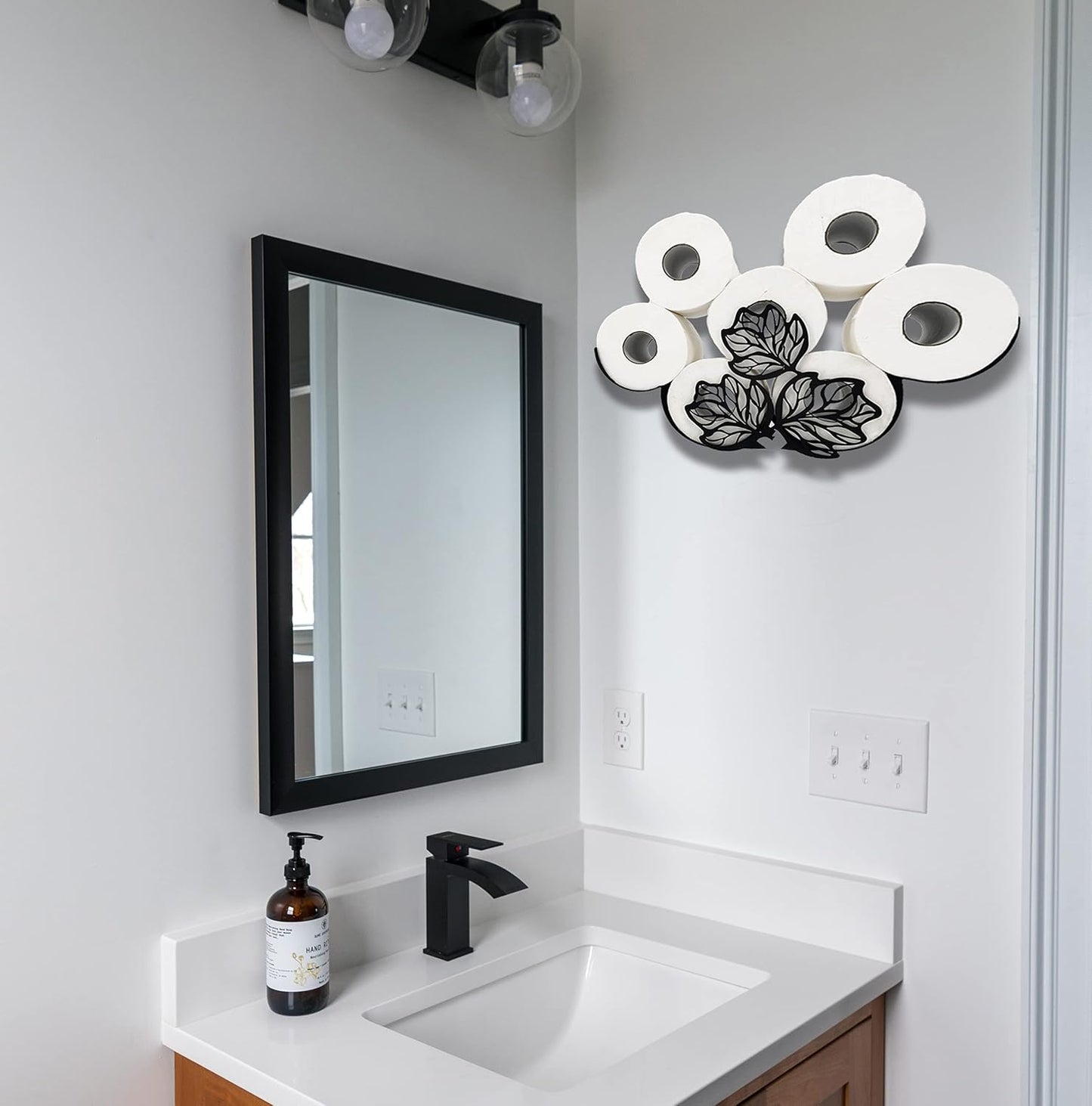 Leaves Metal Wall Toilet Tissue Holder, Black Toilet Paper Storage, Cute Wall Organizer for Bathrooms, Holds Extra 8