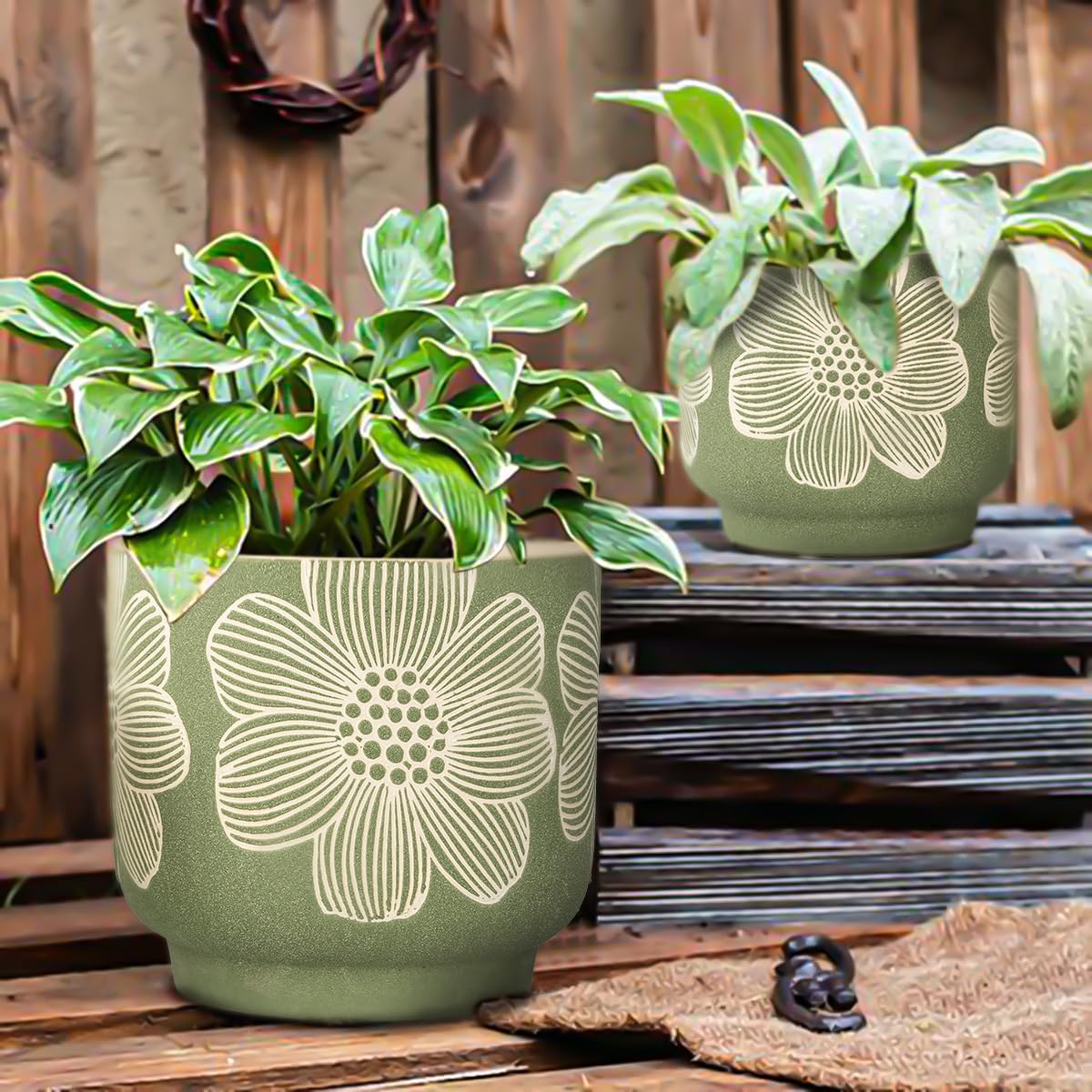Sand Glazed Ceramic Planter / 8+6 Inch / Modern Green Floral / 8 Inch