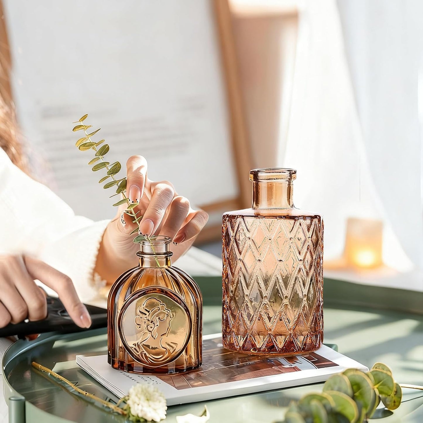 Small Mini Glass Vases for Centerpieces / Amber / Set of 12