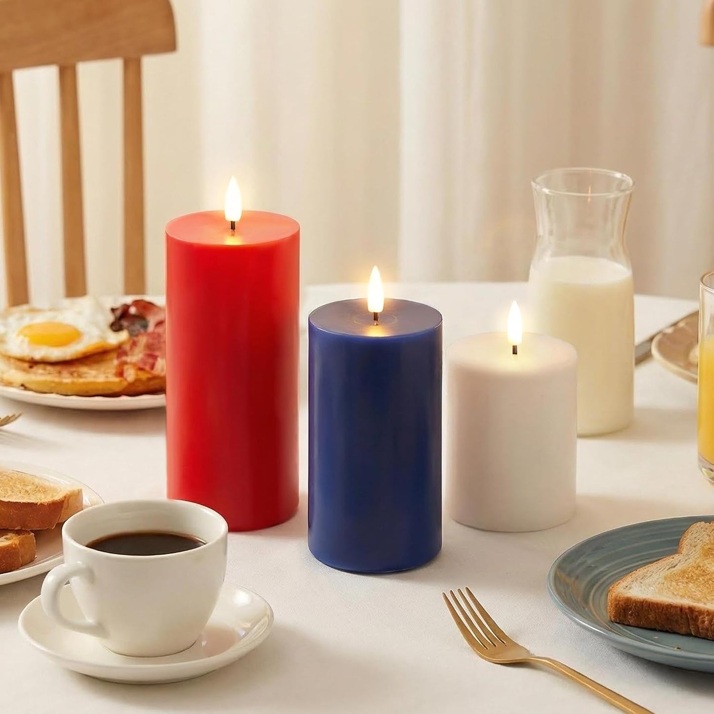 Red White Blue Patriotic Flameless Pillar Candles with Remote Set of 3 | Flickering LED Wax Candles, Flat Top, 2 AA