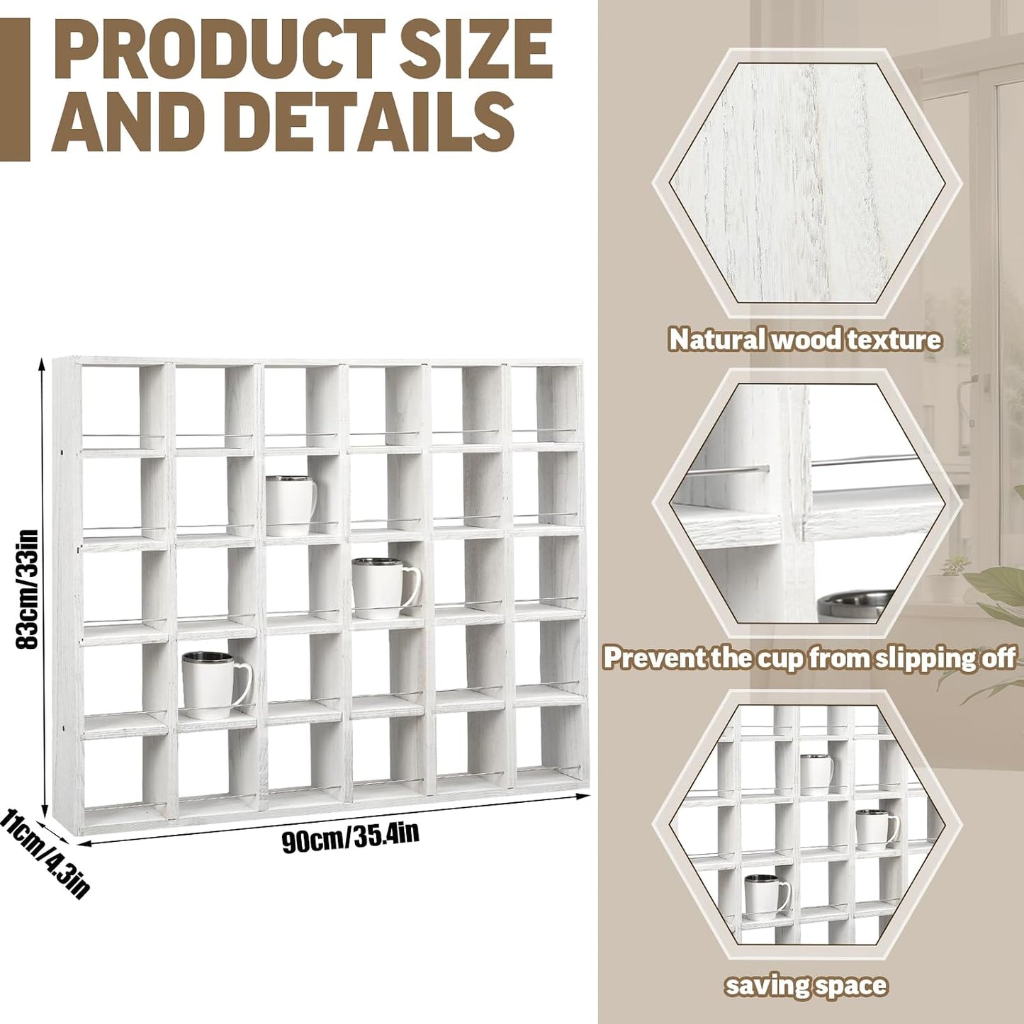 Oversize Coffee Mug Display Rack Wooden Shelves Rustic Shot Glass Display Case Travel Mug Shelf Wall Mounted Rack