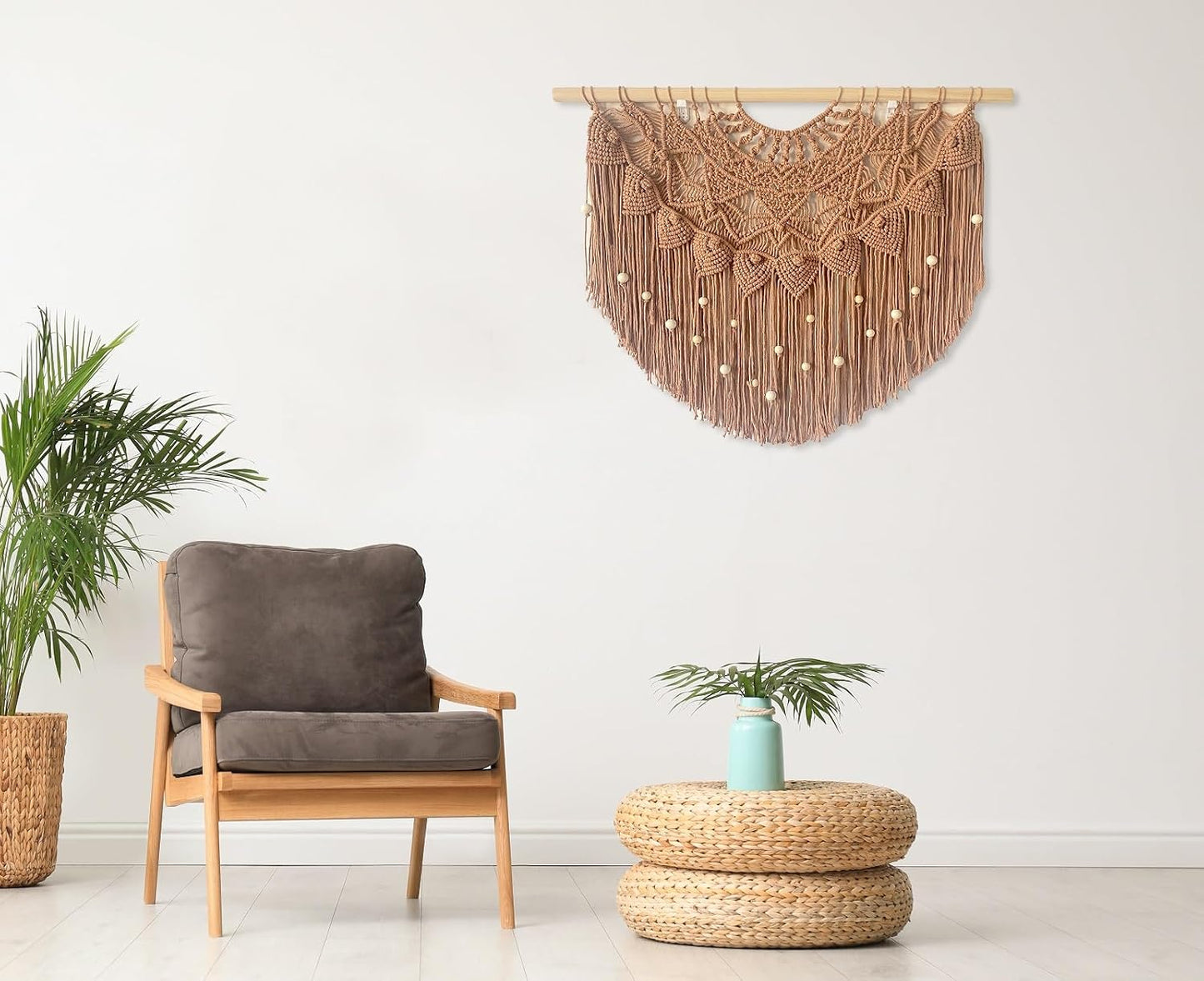 Large Macrame Wall Hanging Boho Beaded Curtain for Window Macrame Bedroom Headboard Living / Khaki