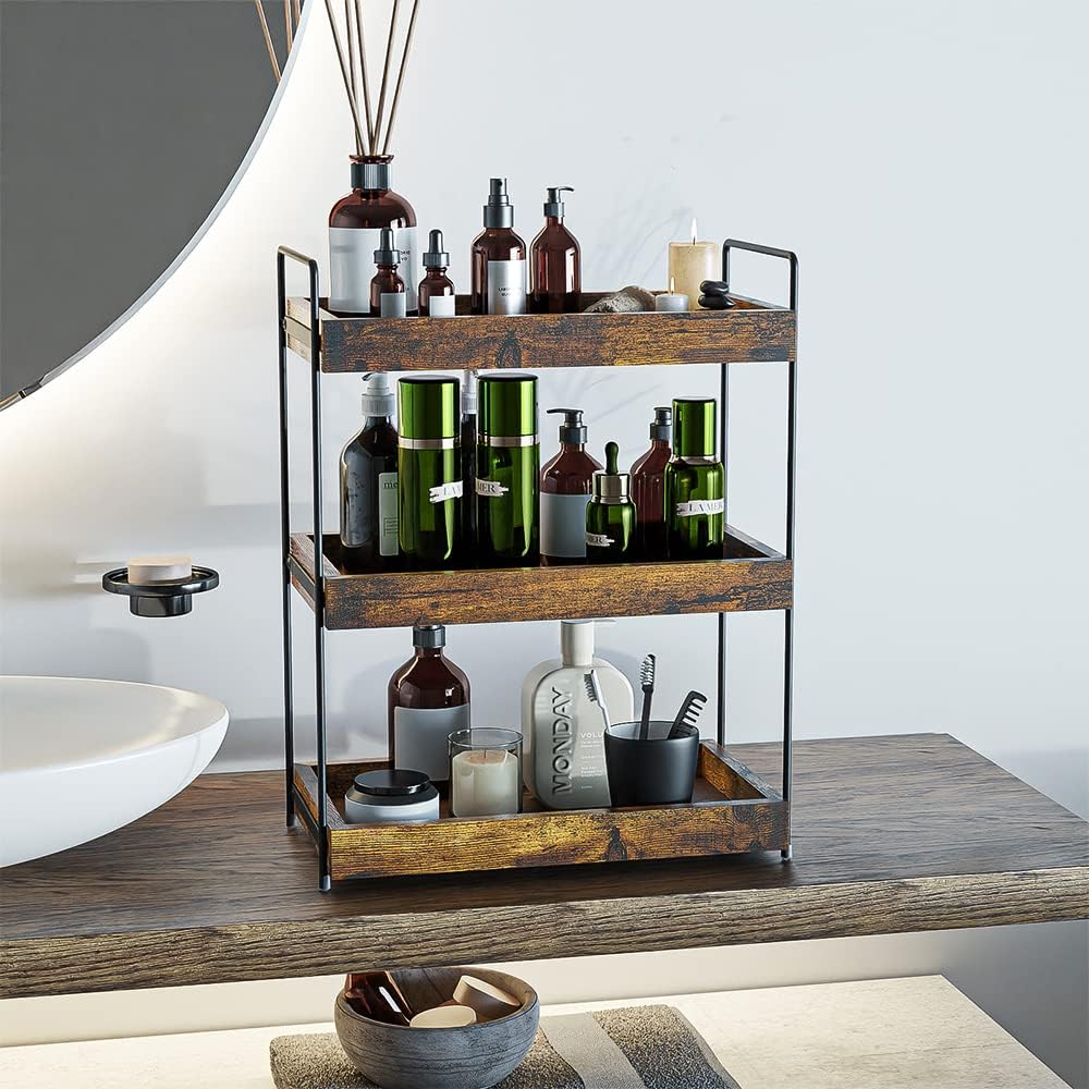 3-Tier Wood Bathroom Counter Organizer, Kitchen Spice Rack | Multi-use Vanity Shelf, Holds Skincare, Makeup, Perfume