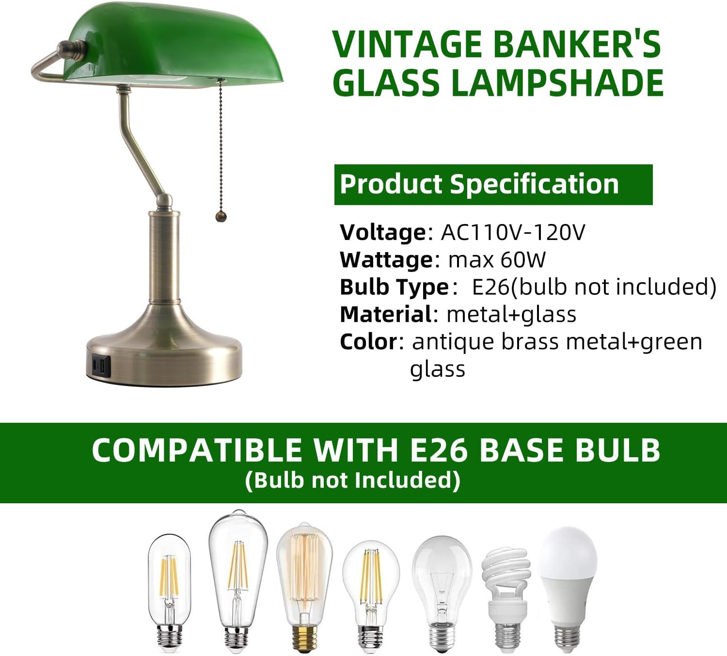 Banker Desk Lamp Green Glass, Antique Desk Lamps with Brass Base, Traditional Library Table Lamp with USB A and Type C