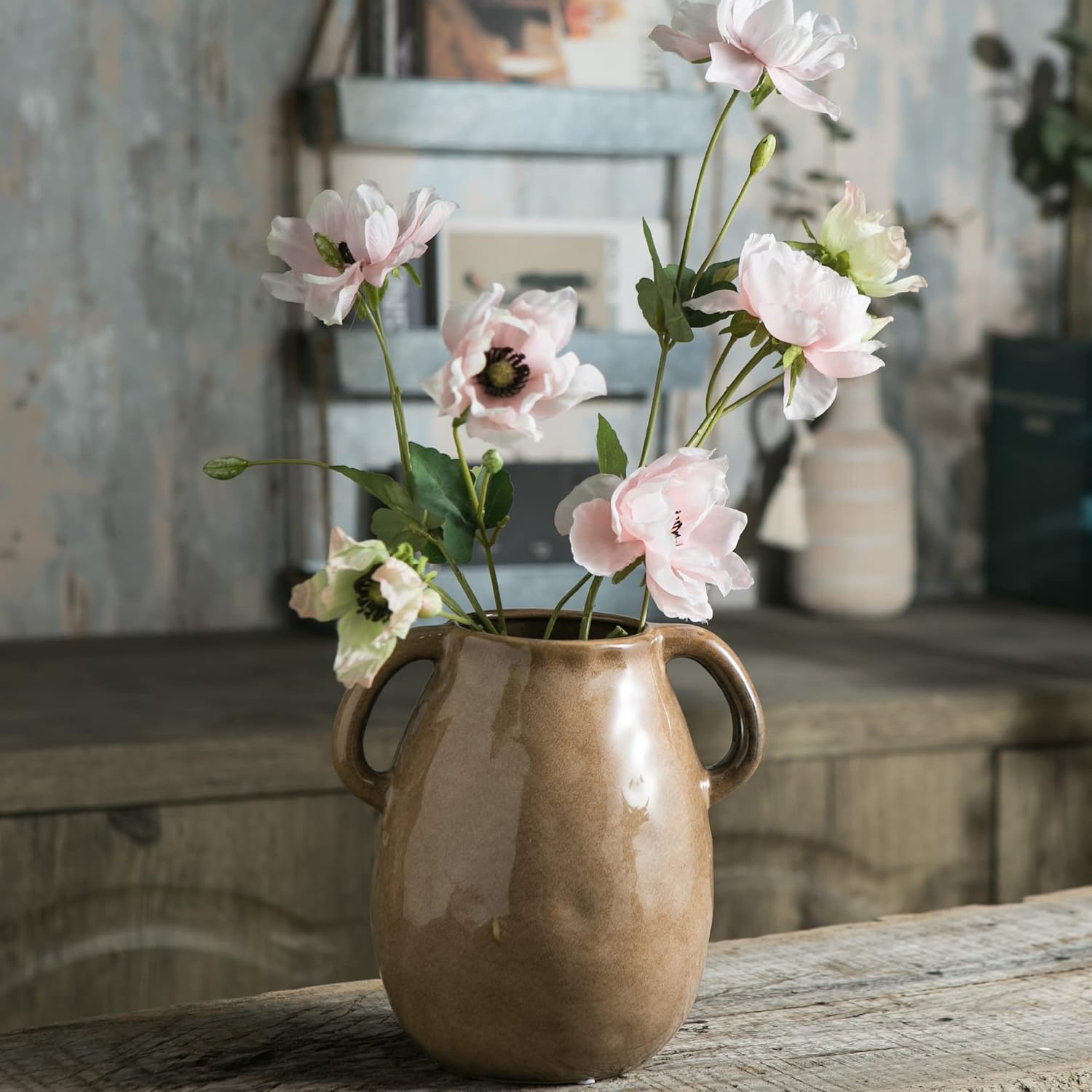 Brown Ceramic Vase / Double Handle - Brown