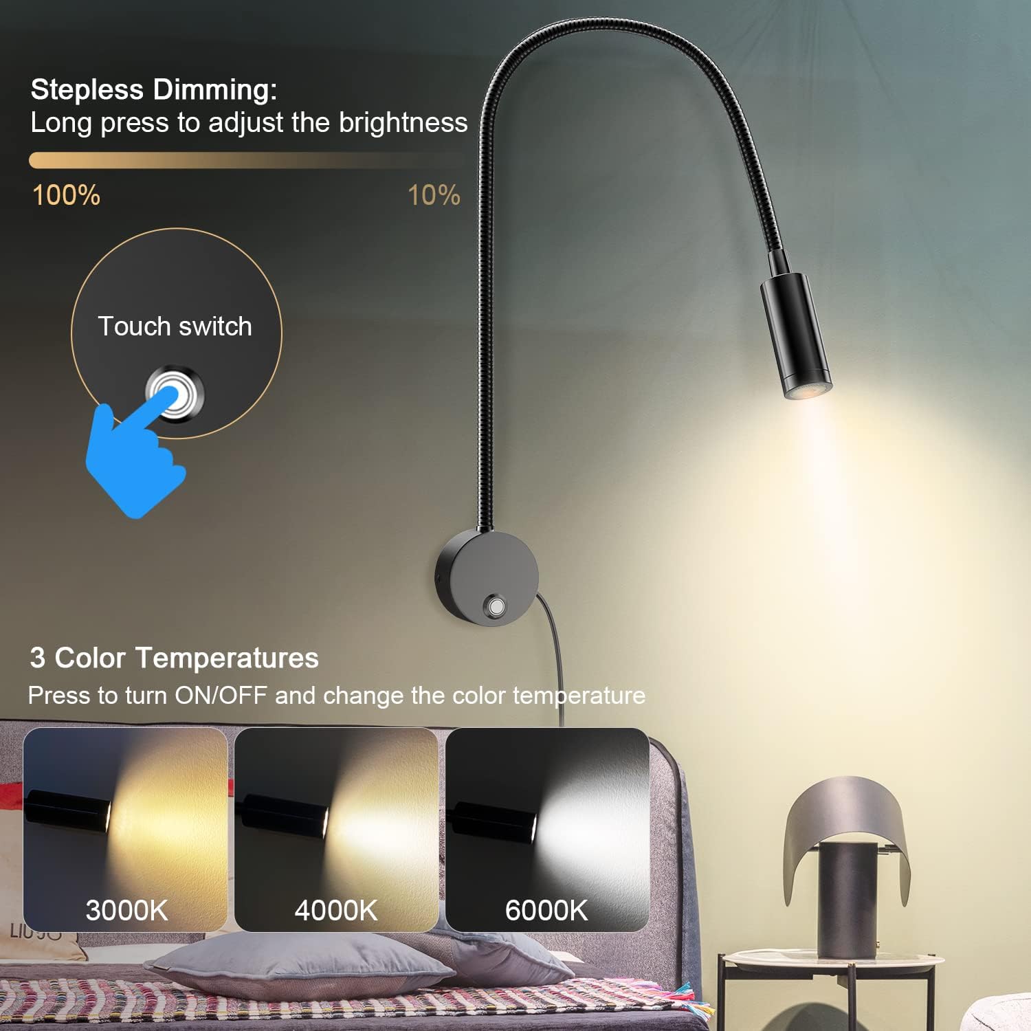 Wall Mounted LED Reading Light with 15" Flexible Gooseneck, Dimmable Book Light for Reading In Bed with USB Charging