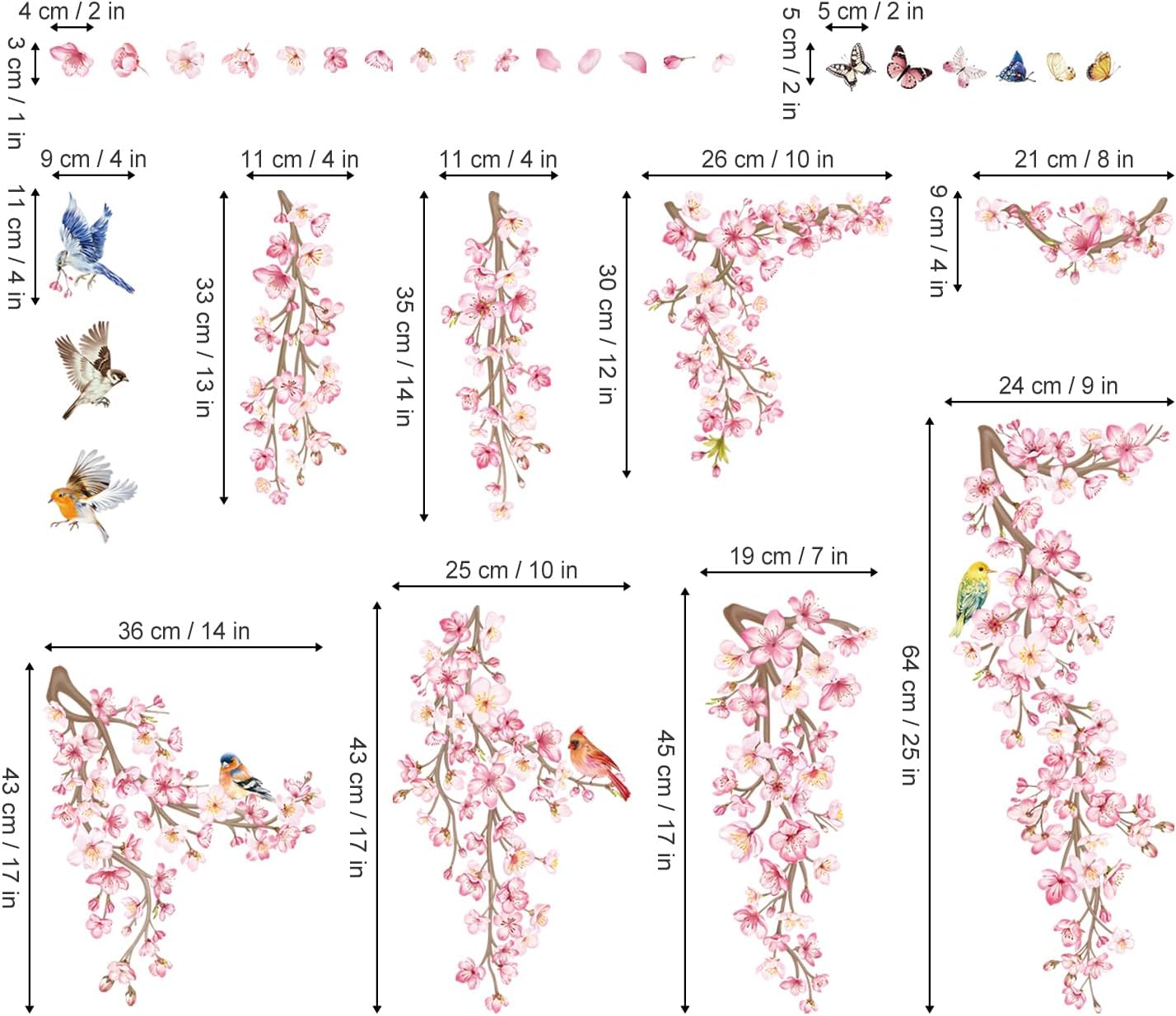 Cherry Blossom Wall Stickers Hanging Floral Tree Branch Birds Peel and Stick / Flower Vine / Pink